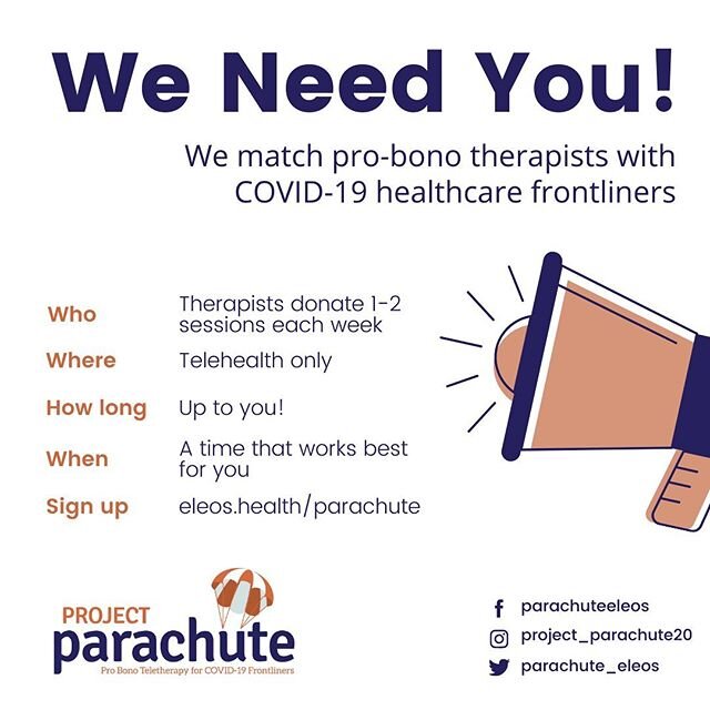 We still need therapists. We&rsquo;ve been amazed at the response to Project Parachute. But we&rsquo;d love to expand our network to include all 50 states!