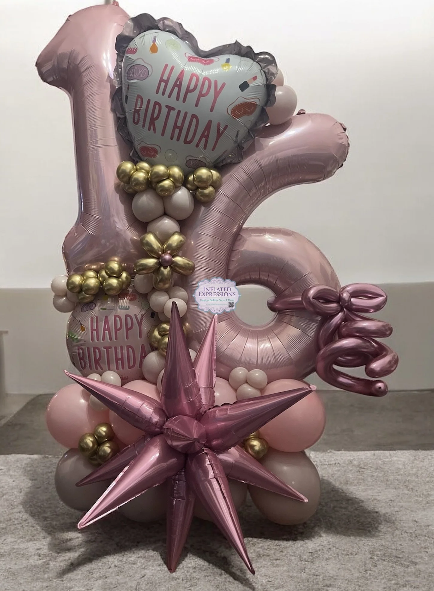 Custom Sweet 16 balloon bouquet in pink and gold featuring large number 16 foils and a pink starburst, created by Inflated Expressions in Riverview, FL