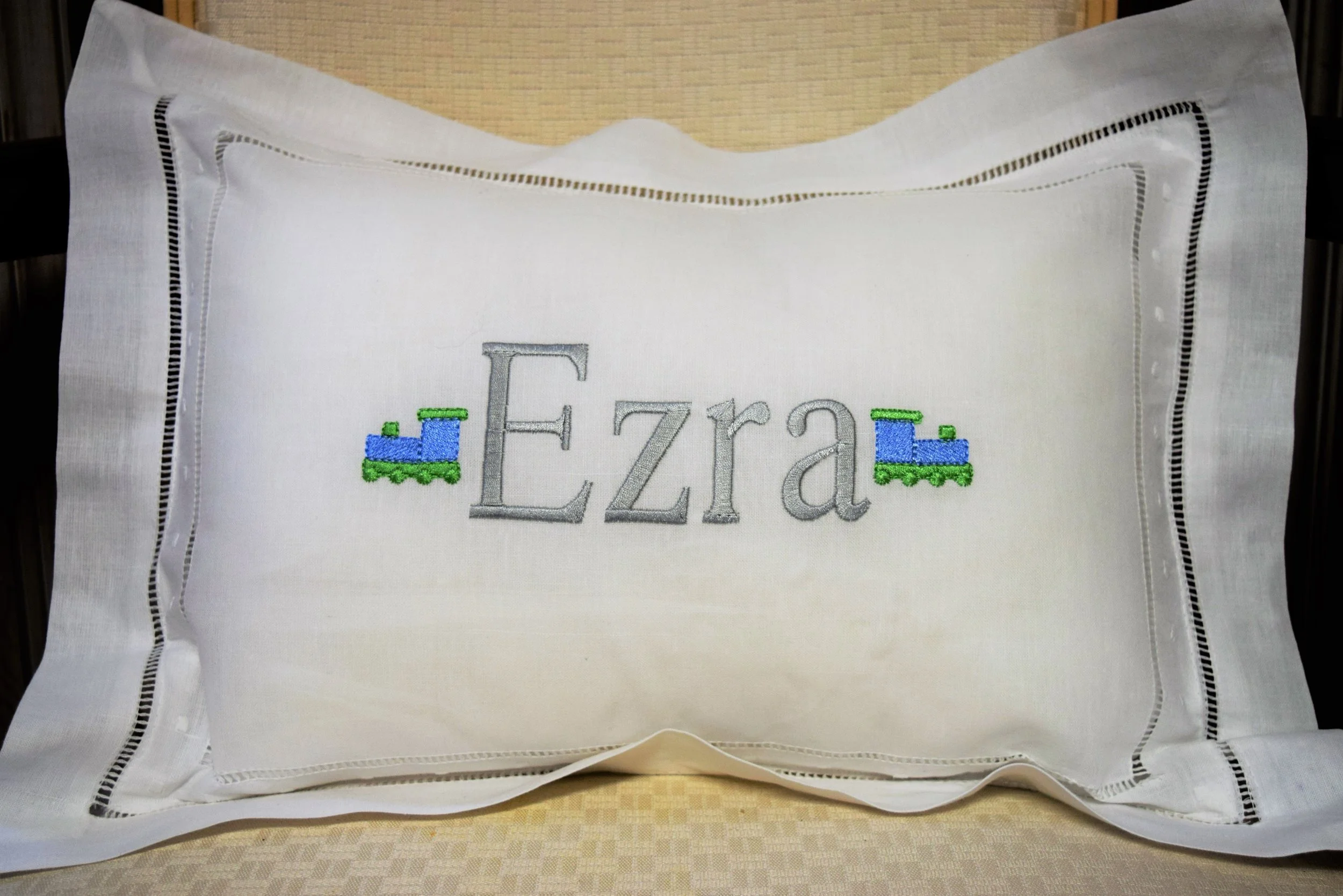 Trains Boys Linen & Swiss Dot Pillow