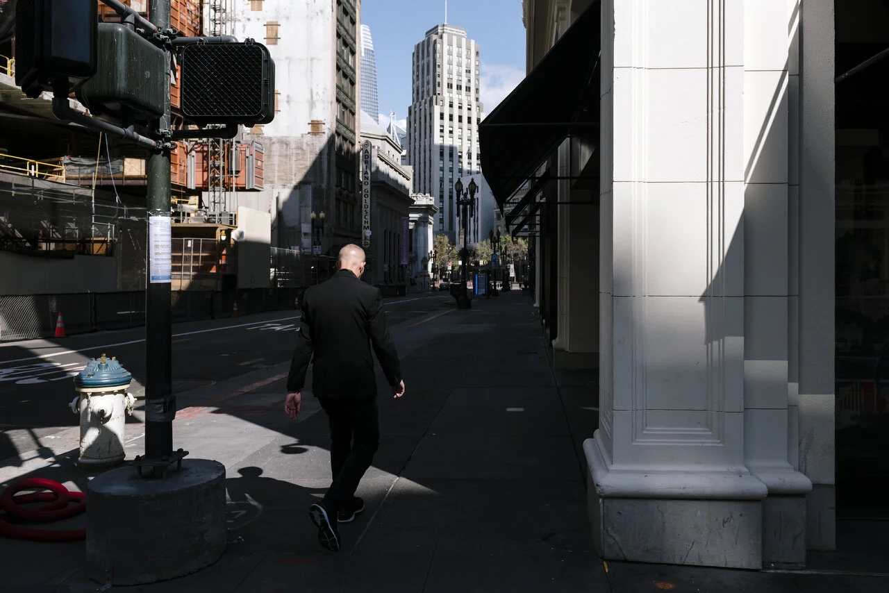  Empty streets in downtown San Francisco following a shelter-in-place order made by the mayor, March, 2020,  For Bloomberg. 