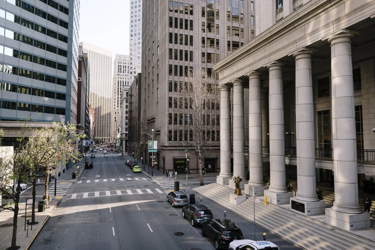  Empty streets during Friday afternoon rush hour in downtown San Francisco following a shelter-in-place order made by the mayor, March, 2020,  For Bloomberg. 