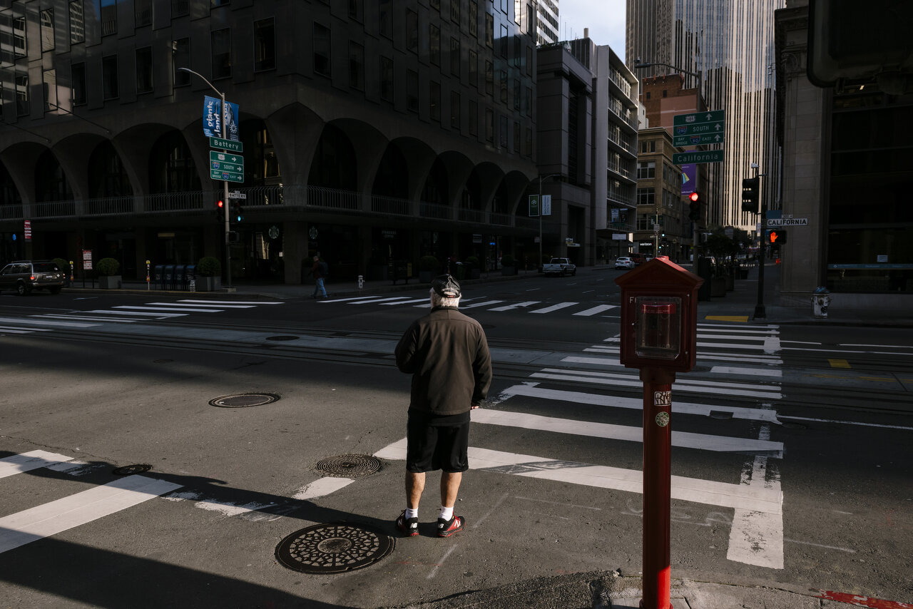  Empty streets in downtown San Francisco following a shelter-in-place order made by the mayor, March, 2020,  For Bloomberg. 
