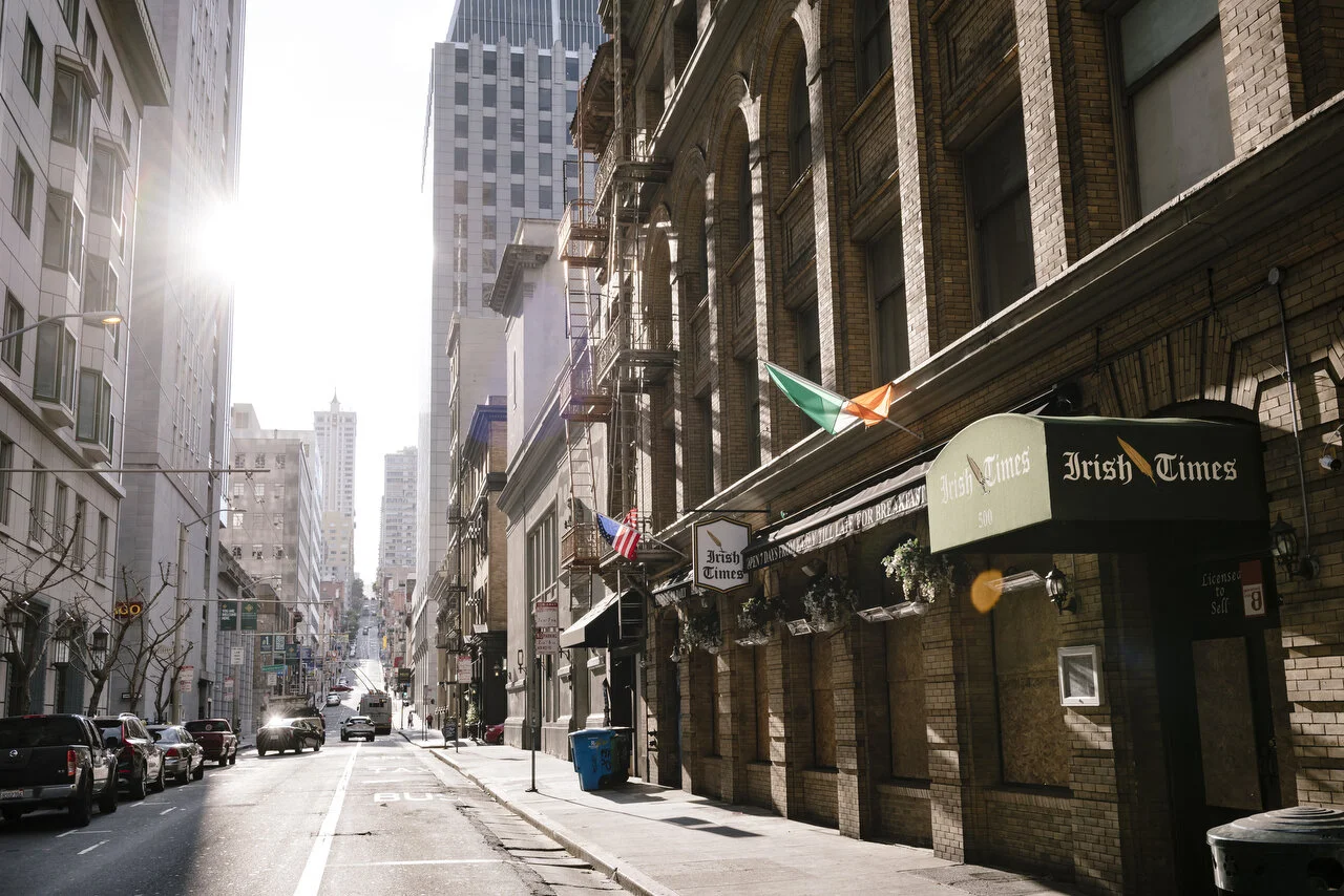  Empty streets during Friday afternoon rush hour in downtown San Francisco following a shelter-in-place order made by the mayor, March, 2020,  For Bloomberg. 