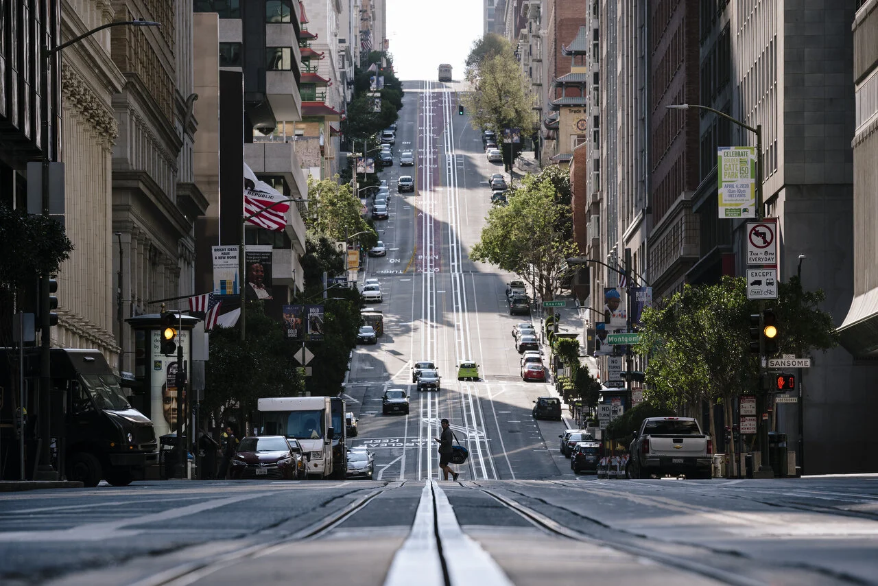  Empty streets during Friday afternoon rush hour in downtown San Francisco following a shelter-in-place order made by the mayor, March, 2020,  For Bloomberg. 