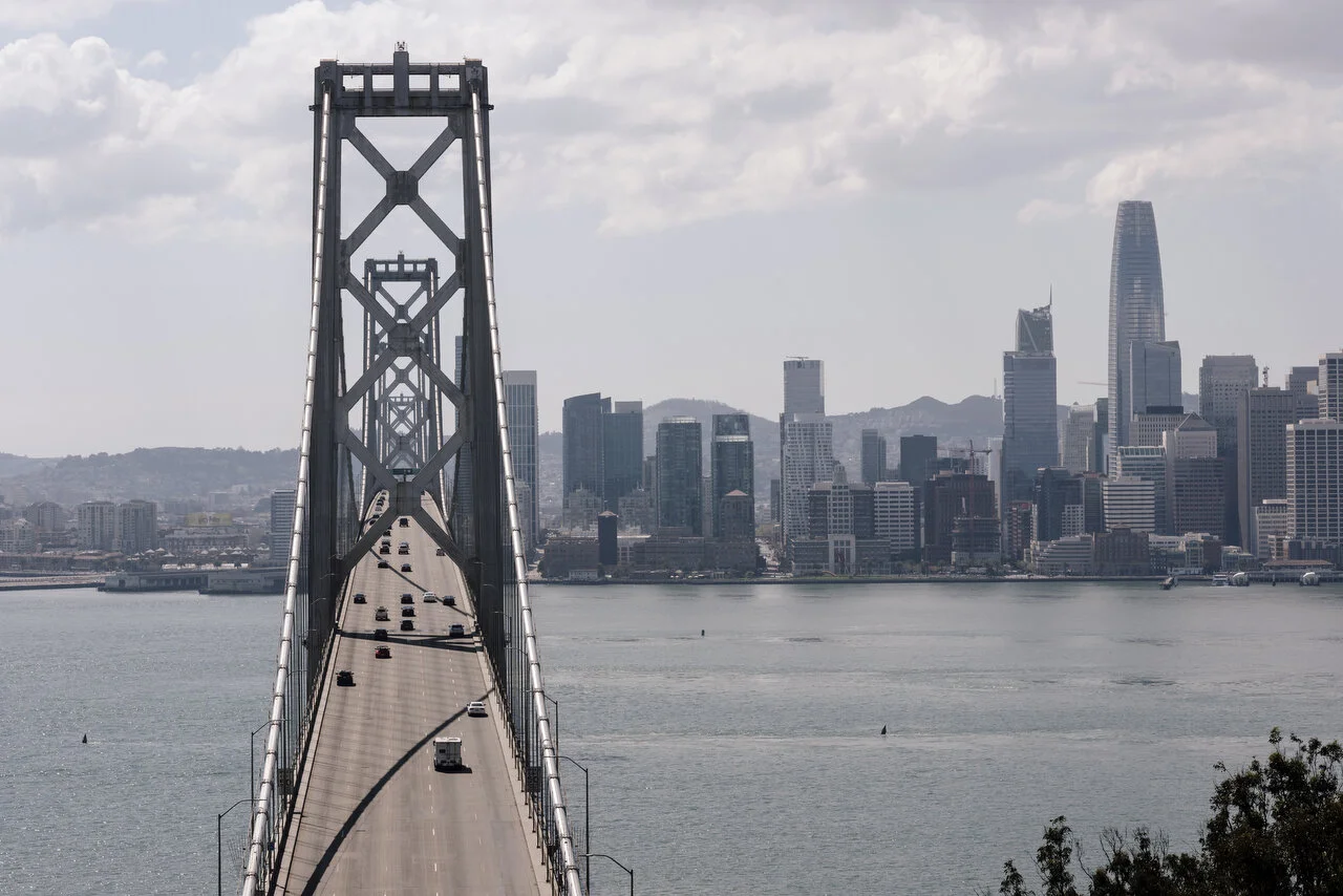  Light traffic over the Bay Bridge into San Francisco following a shelter-in-place order made by the mayor, March, 2020,  For Bloomberg. 
