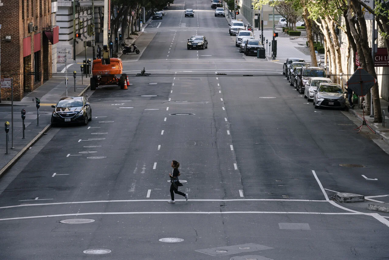  Empty streets during Friday afternoon rush hour in downtown San Francisco following a shelter-in-place order made by the mayor, March, 2020,  For Bloomberg. 