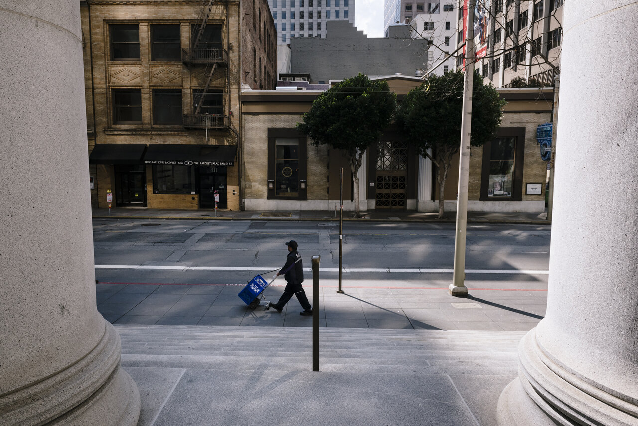 Empty streets in downtown San Francisco following a shelter-in-place order made by the mayor, March, 2020,  For Bloomberg. 