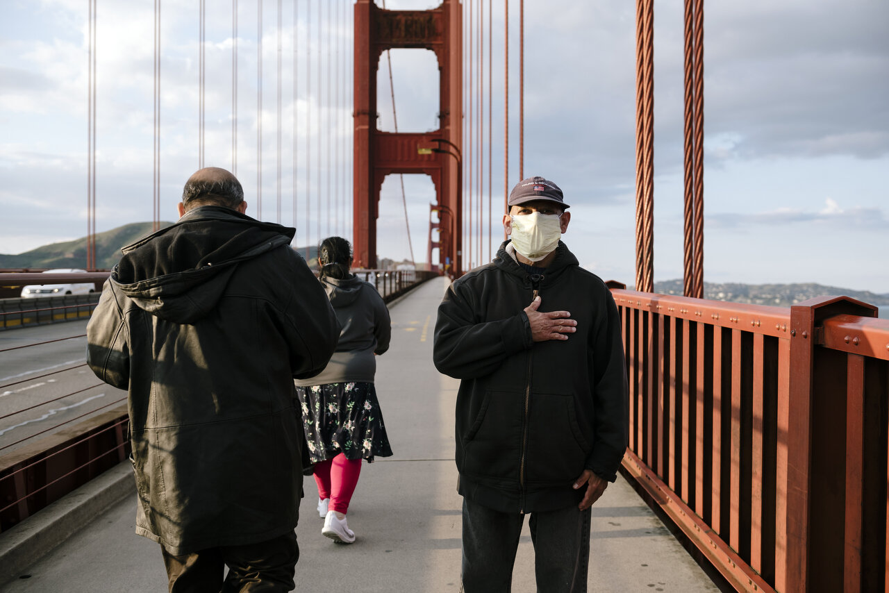  Light foot traffic on the Golden Gate Bridge in San Francisco following a shelter-in-place order made by the mayor, March, 2020,  For Bloomberg. 