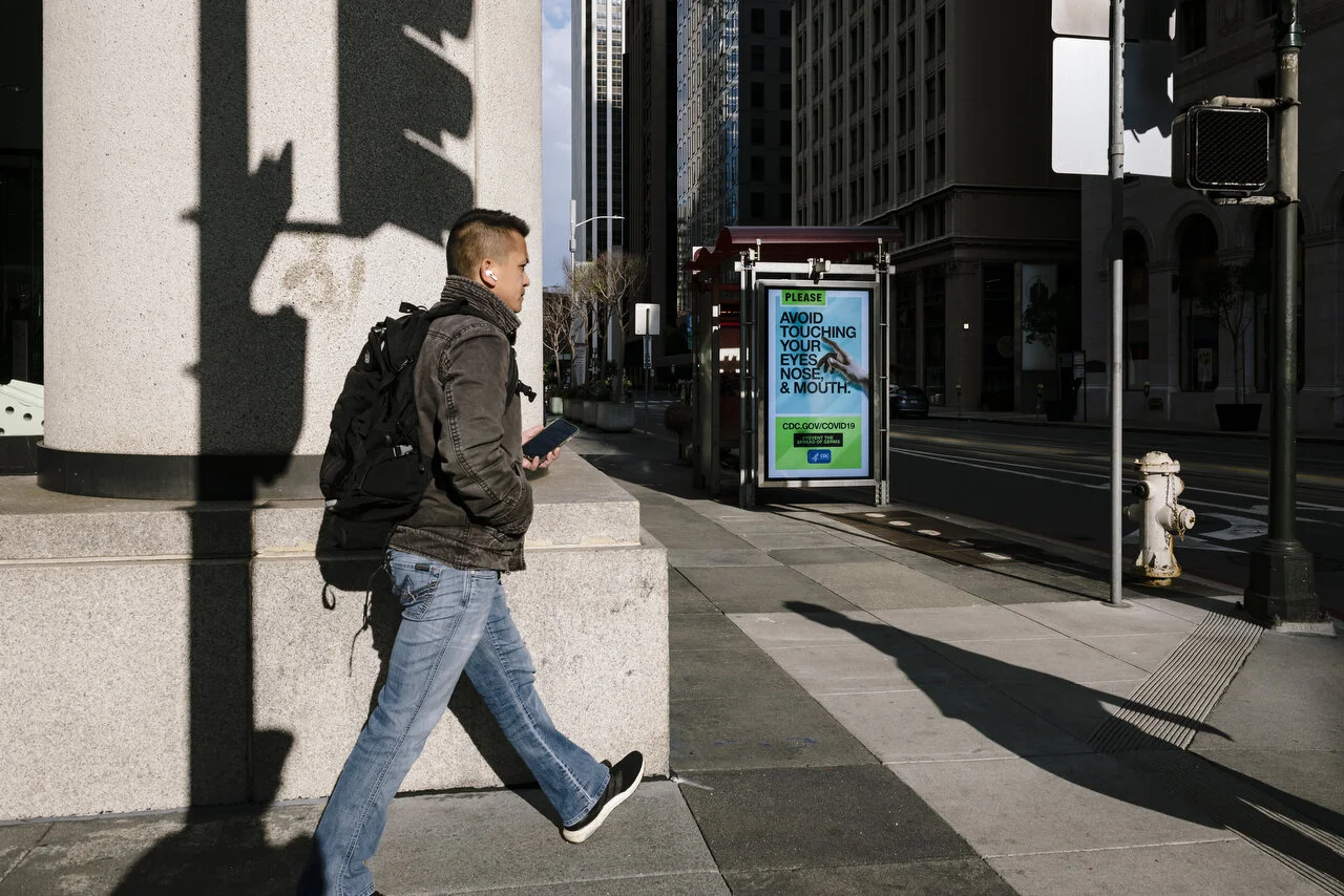  Empty streets in downtown San Francisco following a shelter-in-place order made by the mayor, March, 2020,  For Bloomberg. 