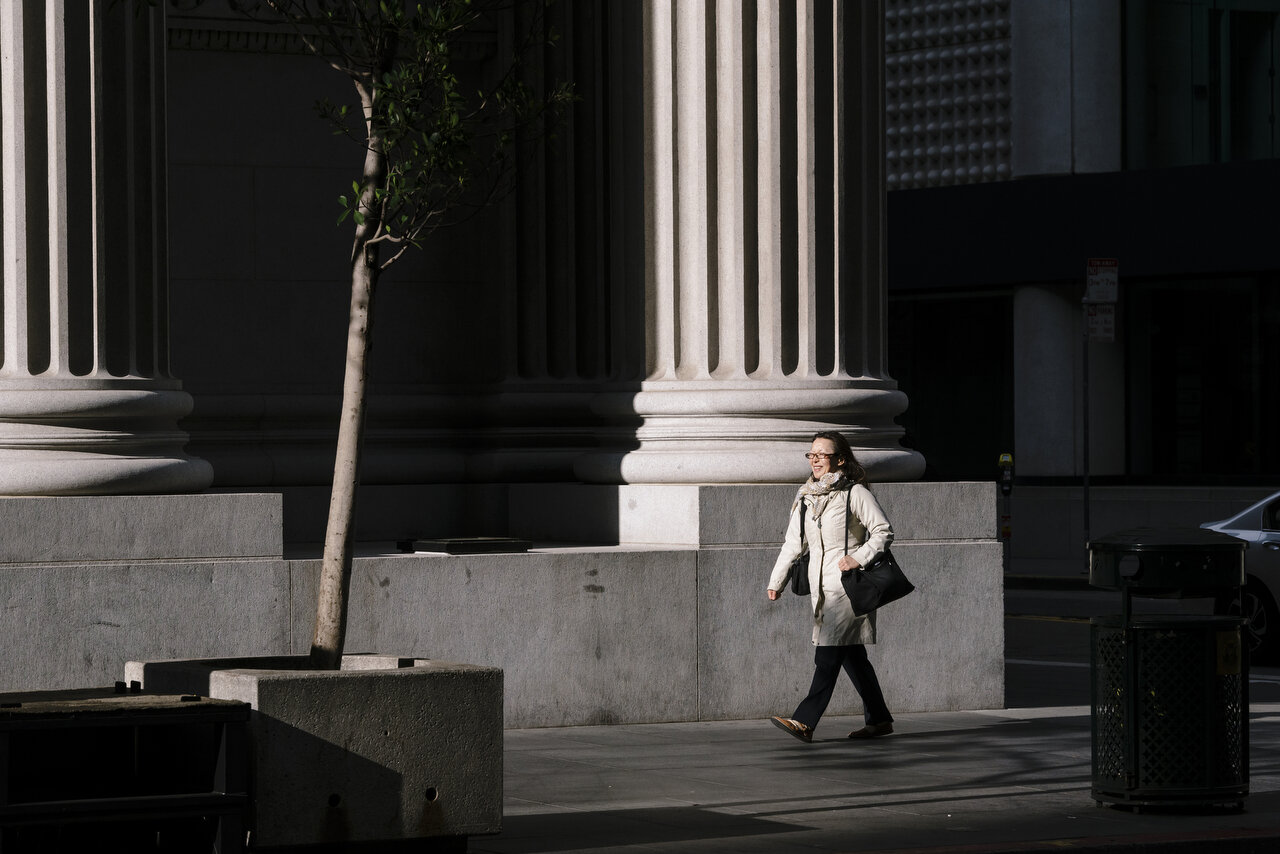  Empty streets in downtown San Francisco following a shelter-in-place order made by the mayor, March, 2020,  For Bloomberg. 