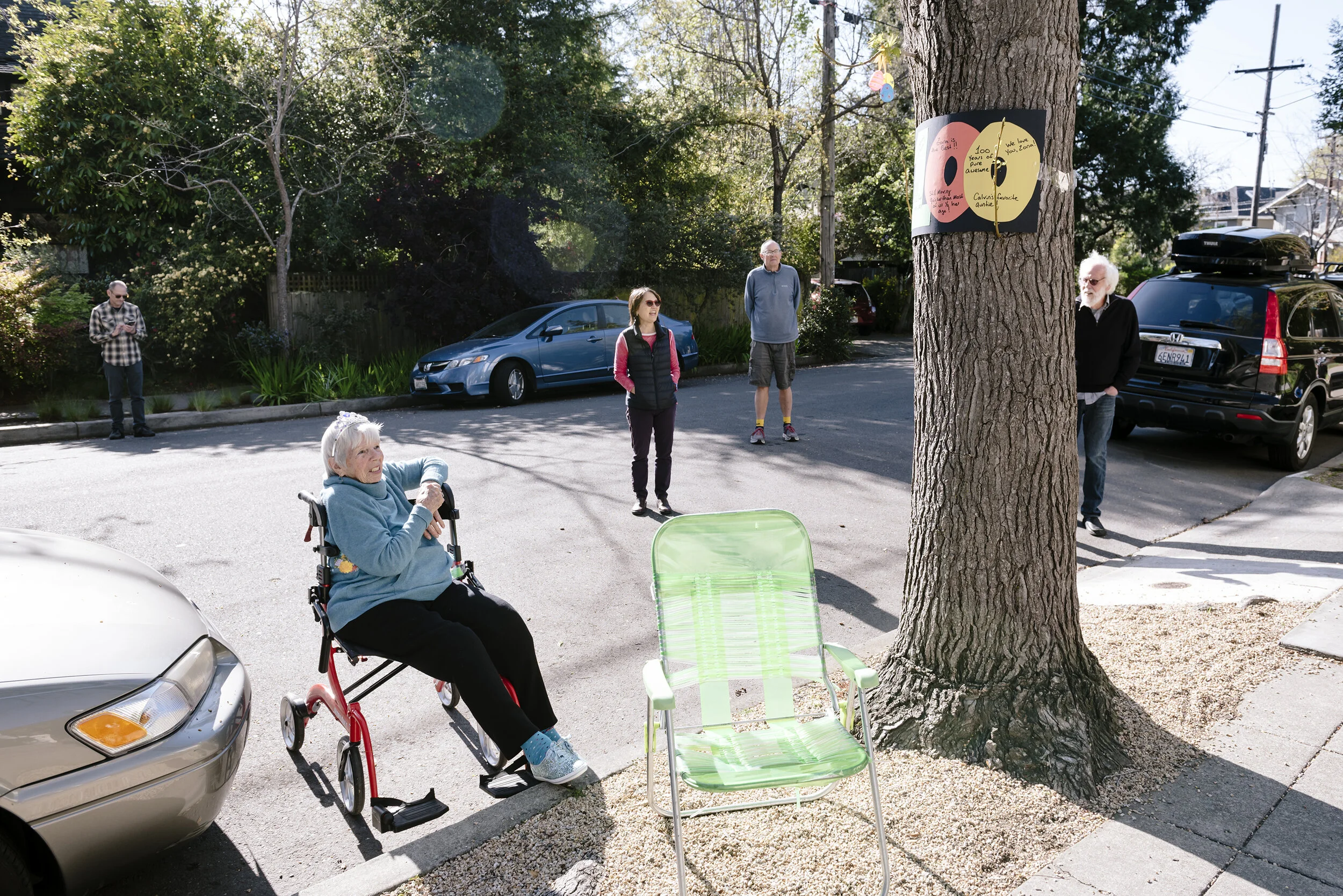  Zona Roberts turned 100.  To celebrate her friends and neighbors gathered and threw her a social distancing party outside her home in Berkeley, CA, April 1st, 2020. 