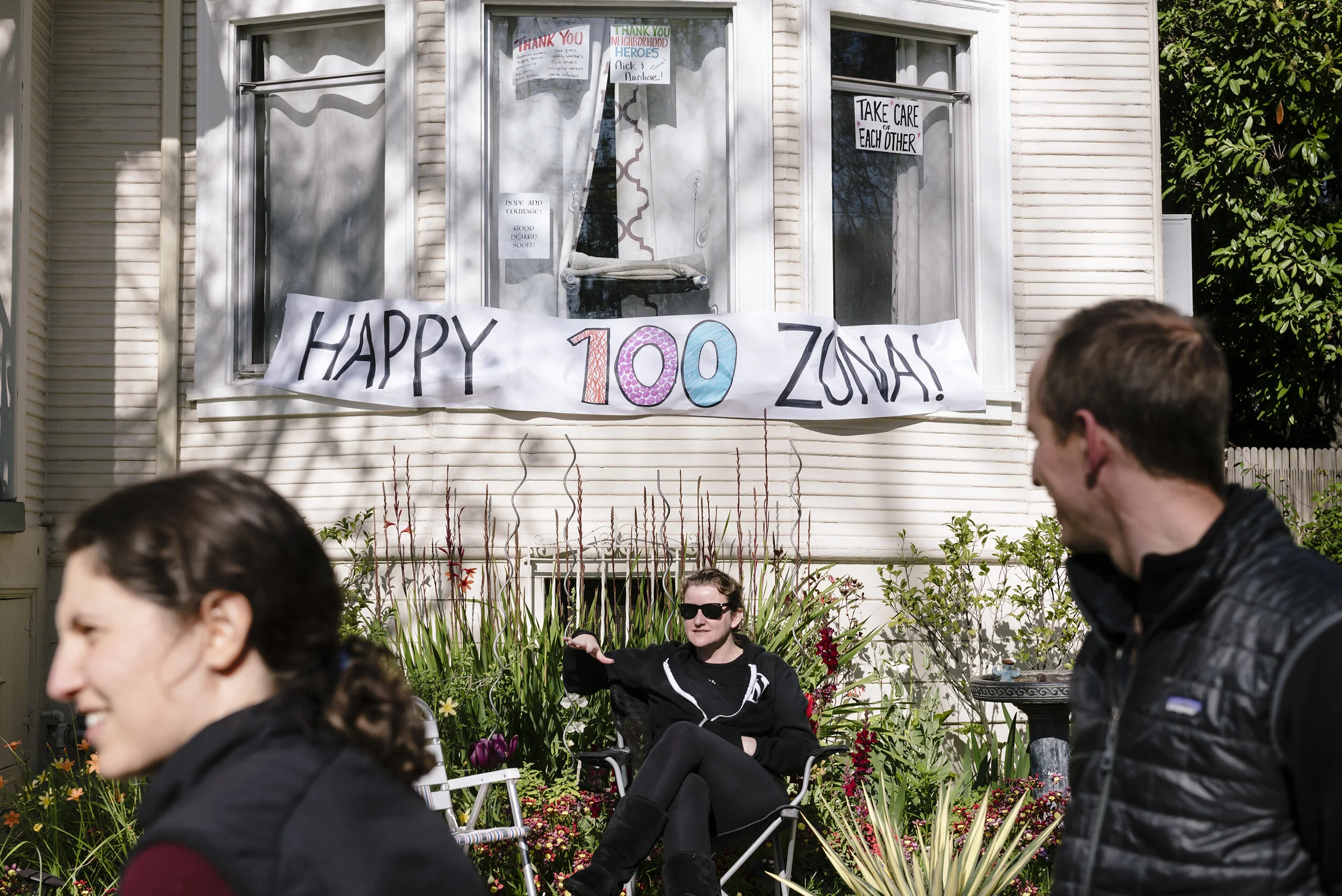  Zona Roberts turned 100.  To celebrate her friends and neighbors gathered and threw her a social distancing party outside her home in Berkeley, CA, April 1st, 2020. 