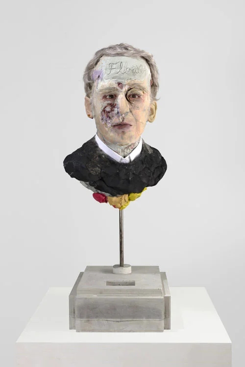 David Altmejd , Man with Black Sweater , 2018, Urethane foam, concrete, epoxy clay, resin, epoxy gel, syntheric hair, steel, acrylic paint, quartz, graphite, glass paint, shir collar, glass eyes, copper wire bead, rhinestone, MSA varnish, 29" x 10 ½" x 12" (73,7 x 26,7 x 30,5 cm)