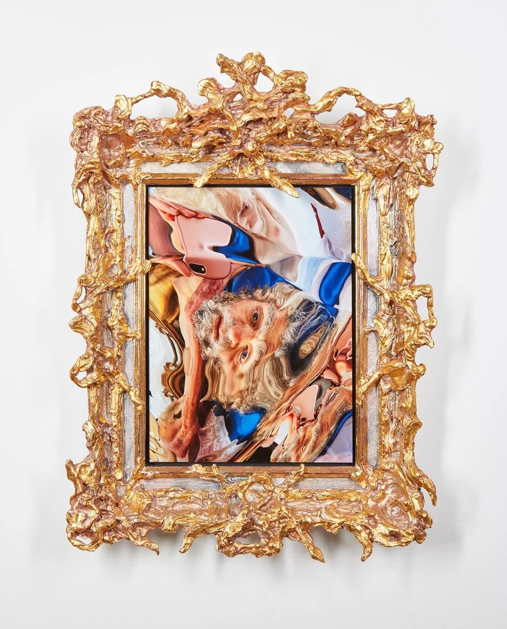 Evan Penny  -  UNTITLED 5 , 2024  Photograph, wood, resin, oil paint, gold leaf 33" x 24 1/2" x 4 1/2" (83.8 x 62.2 x 11.4 cm)