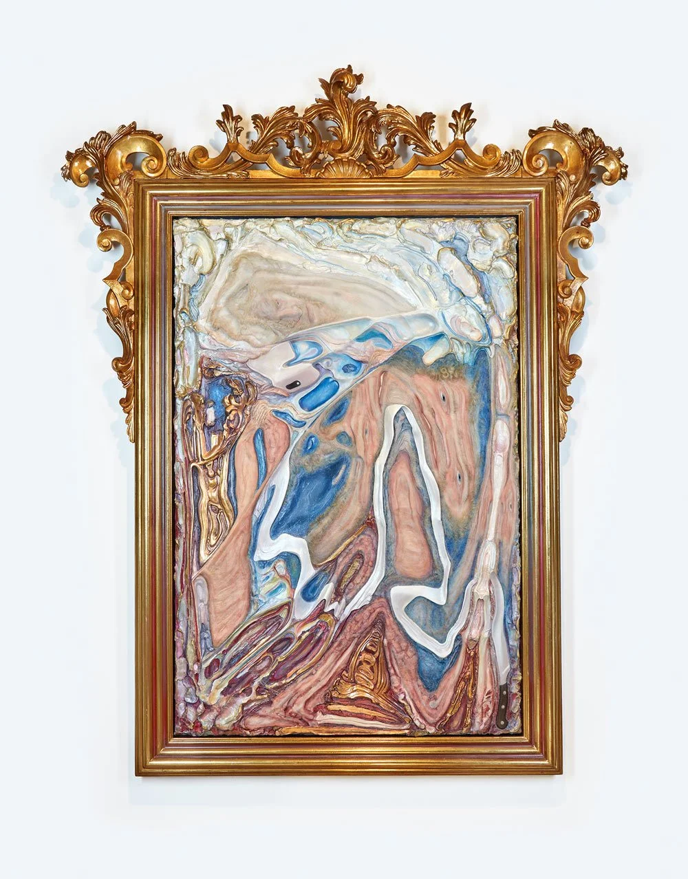 Evan Penny  -  THE FLAYING OF MARSYAS , 2023  Silicone, resin, hair, oil paint, wood, gold leaf  91" x 72" x 4" (231.1 x 182.9 x 10.2 cm)