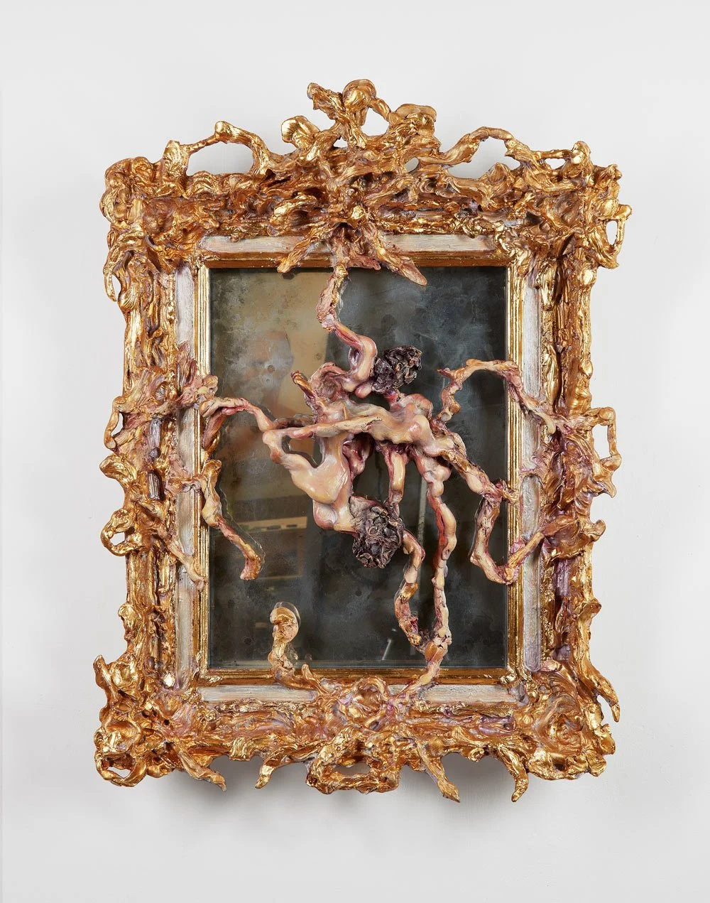 Evan Penny  -  AI PROMPT and RESPONSE. Frame 5 , 2024  Wood, resin, oil paint, gold leaf, glass  33" x 24 1/2" x 4 1/2" (83.8 x 62.2 x 11.4 cm)