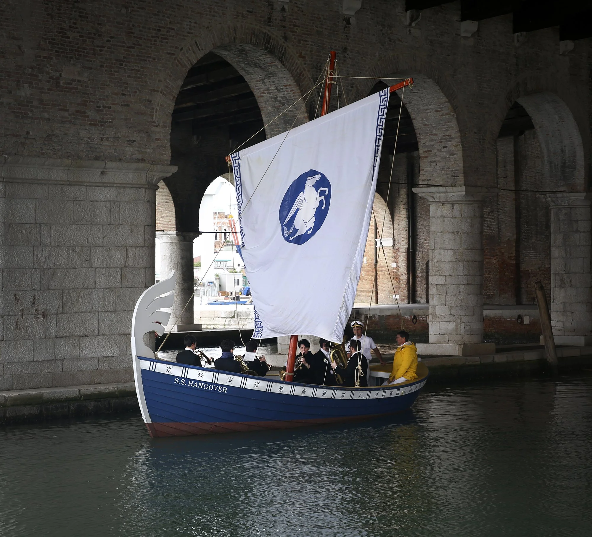   Ragnar Kjartansson ,  S.S. Hangover , 2013. Performance for a boat and brass sextet. Music by Kjartan Sveinsson. Originally performed in the Arsenale, Venice, during the 55th Venice Biennale, Italy, June 1 to November 24, 2013, daily for six hours.