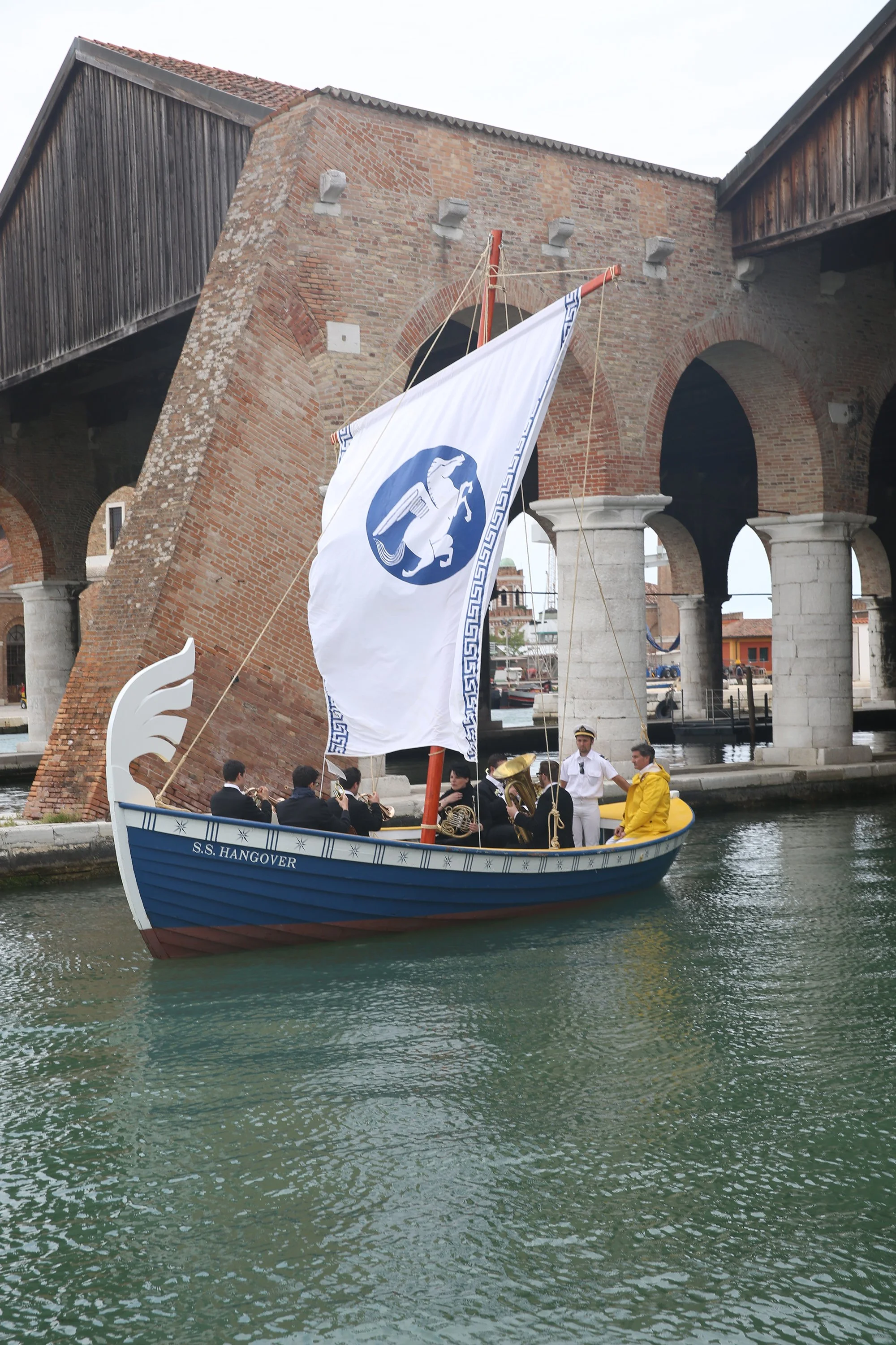   Ragnar Kjartansson ,  S.S. Hangover , 2013. Performance for a boat and brass sextet. Music by Kjartan Sveinsson. Originally performed in the Arsenale, Venice, during the 55th Venice Biennale, Italy, June 1 to November 24, 2013, daily for six hours.