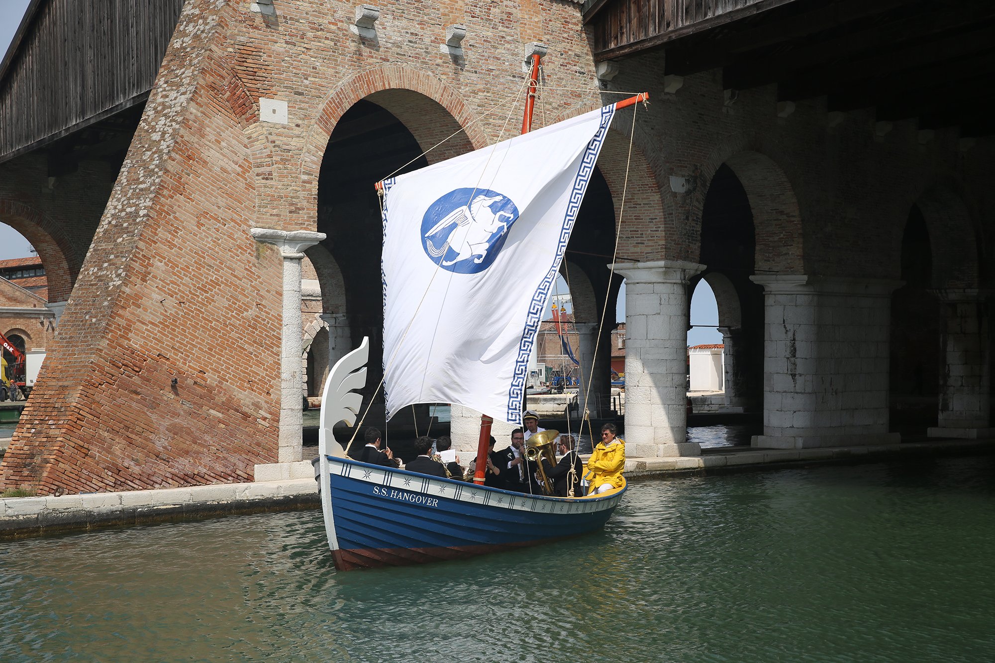   Ragnar Kjartansson ,  S.S. Hangover , 2013. Performance for a boat and brass sextet. Music by Kjartan Sveinsson. Originally performed in the Arsenale, Venice, during the 55th Venice Biennale, Italy, June 1 to November 24, 2013, daily for six hours.