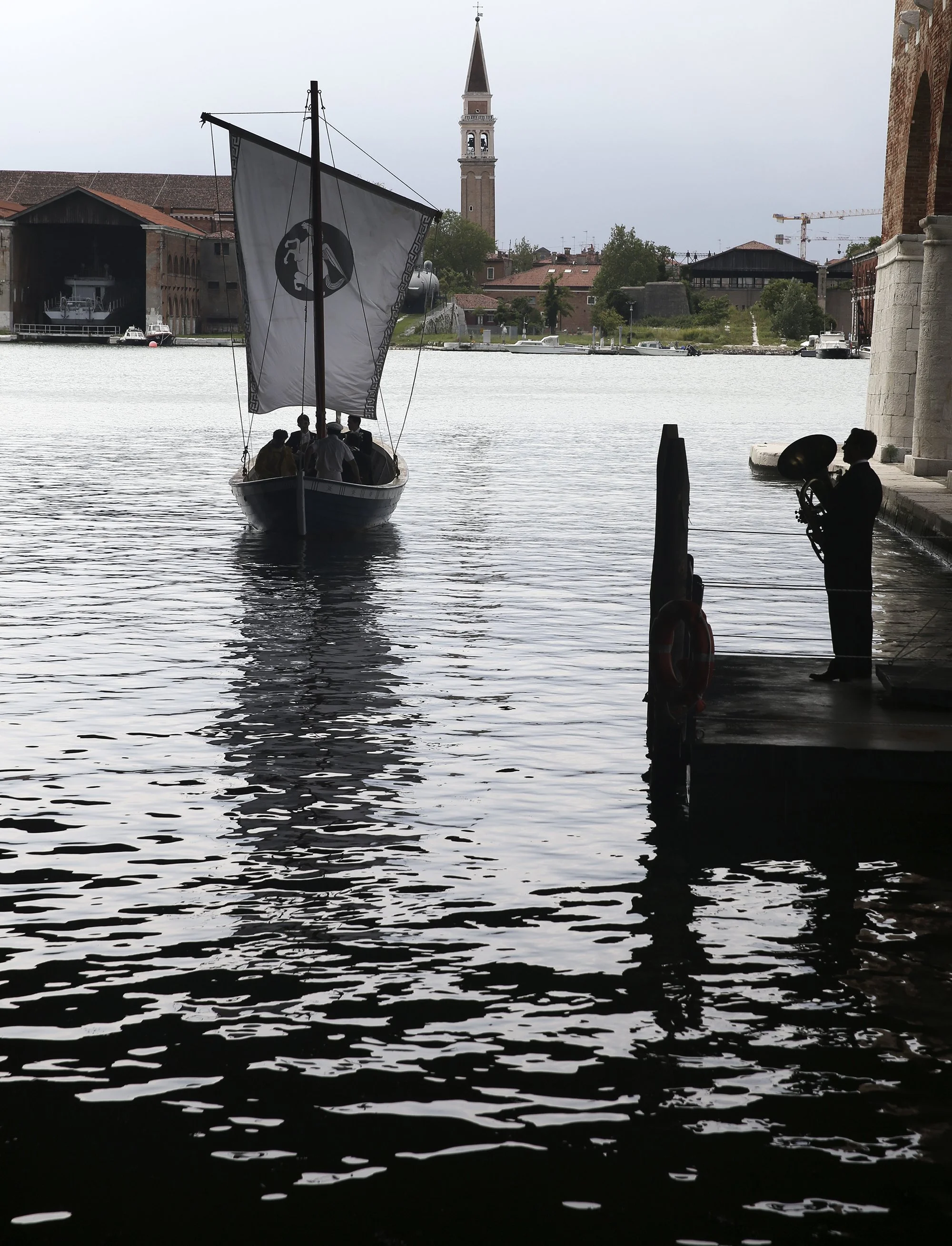   Ragnar Kjartansson ,  S.S. Hangover , 2013. Performance for a boat and brass sextet. Music by Kjartan Sveinsson. Originally performed in the Arsenale, Venice, during the 55th Venice Biennale, Italy, June 1 to November 24, 2013, daily for six hours.