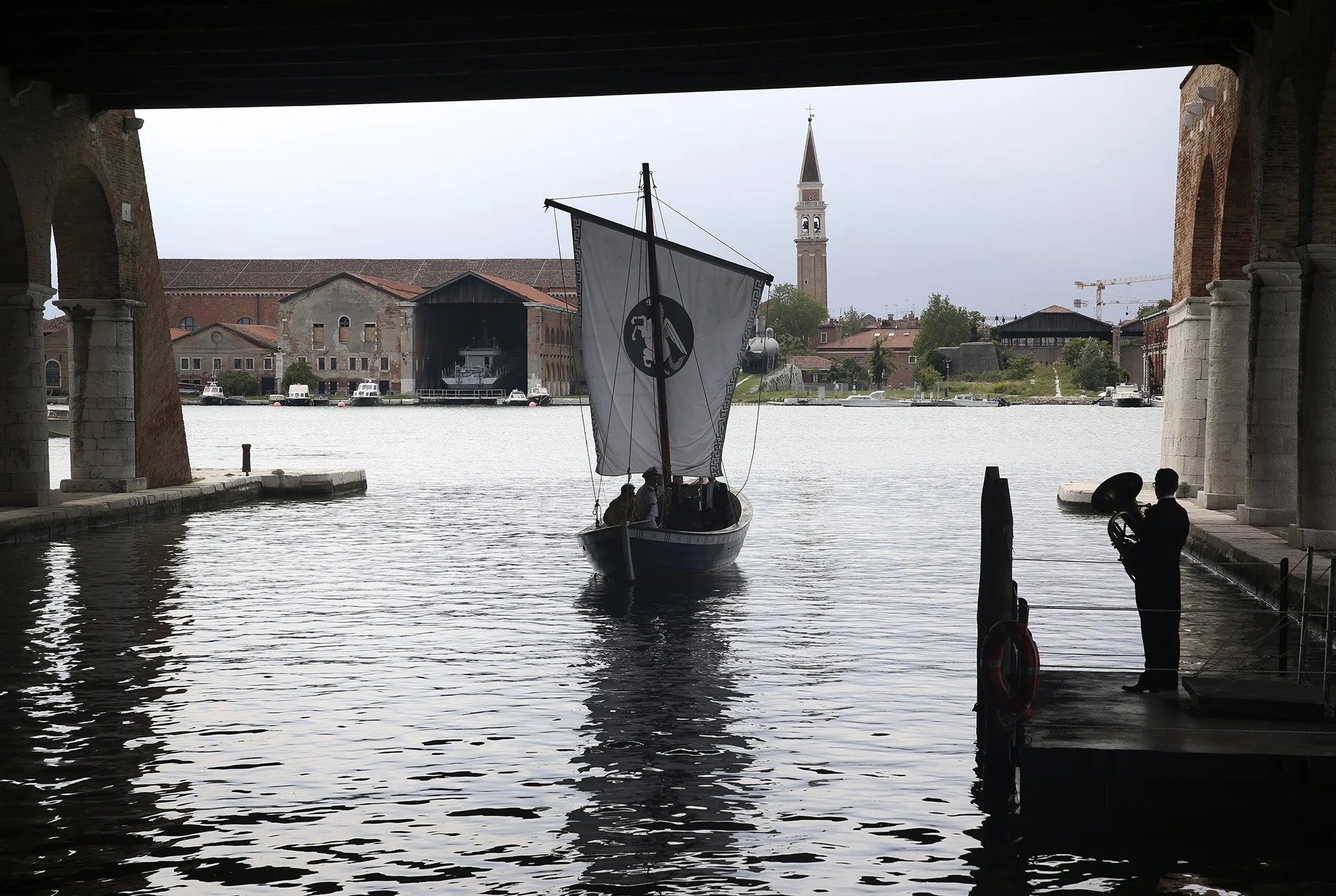   Ragnar Kjartansson ,  S.S. Hangover , 2013. Performance for a boat and brass sextet. Music by Kjartan Sveinsson. Originally performed in the Arsenale, Venice, during the 55th Venice Biennale, Italy, June 1 to November 24, 2013, daily for six hours.