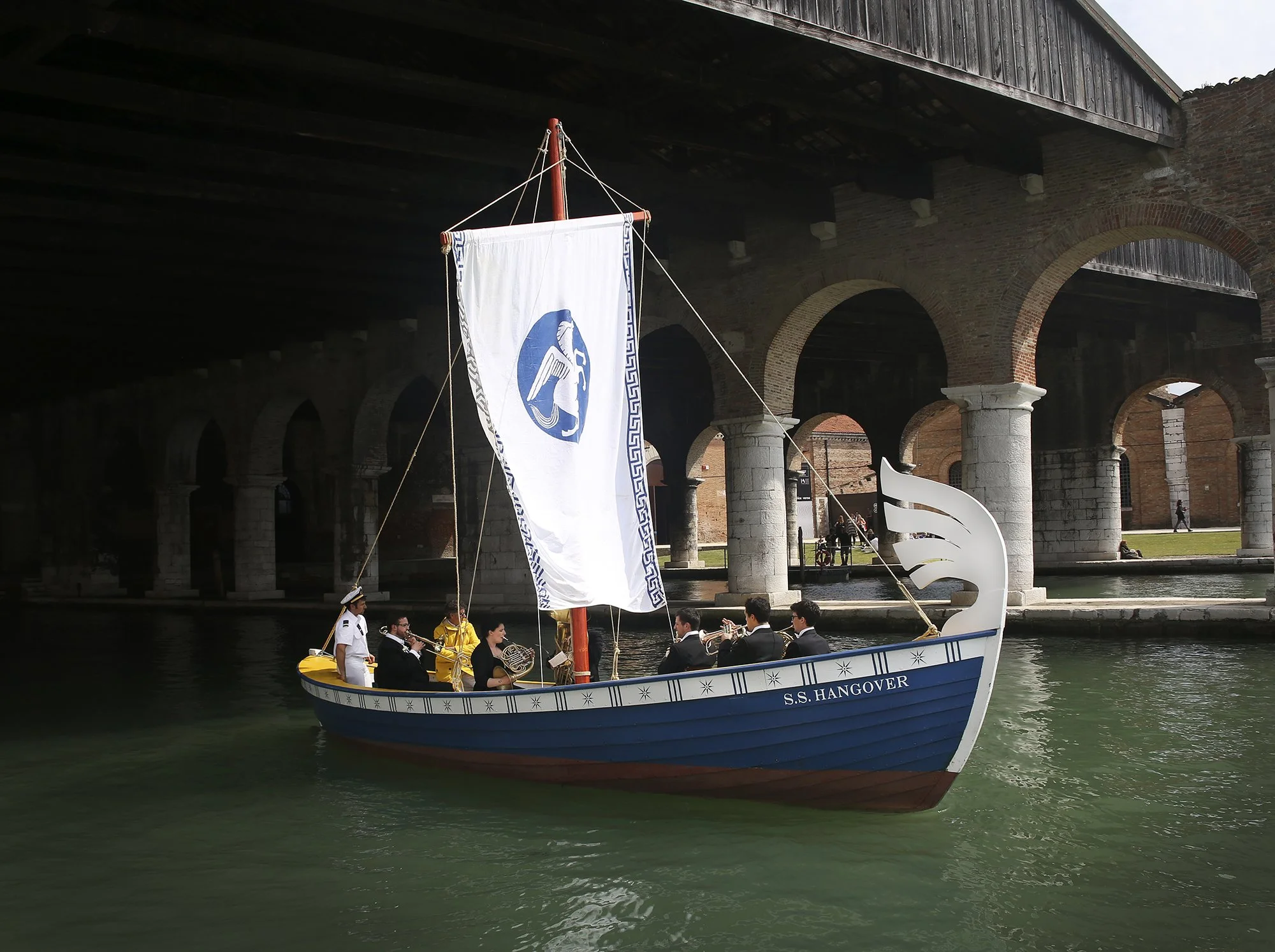   Ragnar Kjartansson ,  S.S. Hangover , 2013. Performance for a boat and brass sextet. Music by Kjartan Sveinsson. Originally performed in the Arsenale, Venice, during the 55th Venice Biennale, Italy, June 1 to November 24, 2013, daily for six hours.