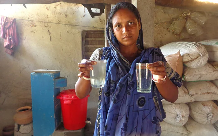 It's easy to see why our inexpensive home water filters are popular in SW Bangladesh. Before and after filtration.