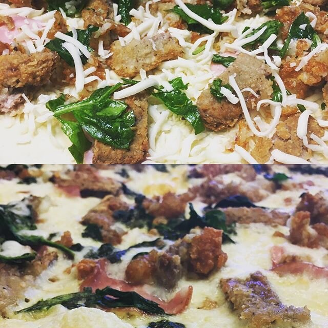 Before and after Breakfast Pizza! Chicken Fried Steak, Ham, Hash brown, Spinach w/ a Hollandaise Base 😋 #breakfast #pizza #wereopen #dinein #carryout #coffeetoo #glenwoodsprings #russosgws #instayum
