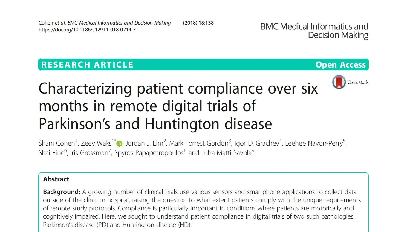 Characterizing patient compliance over six months in remote digital trials of Parkinson’s and Huntington disease