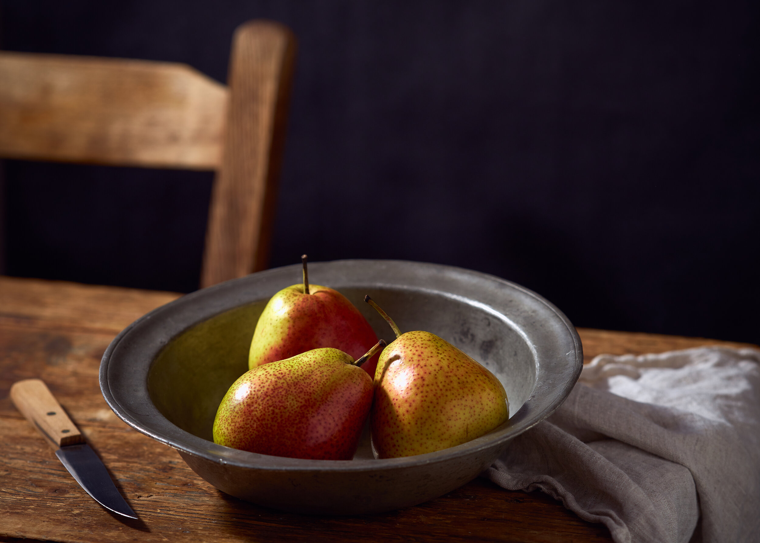 Ripe Pears in Pewter Bowl