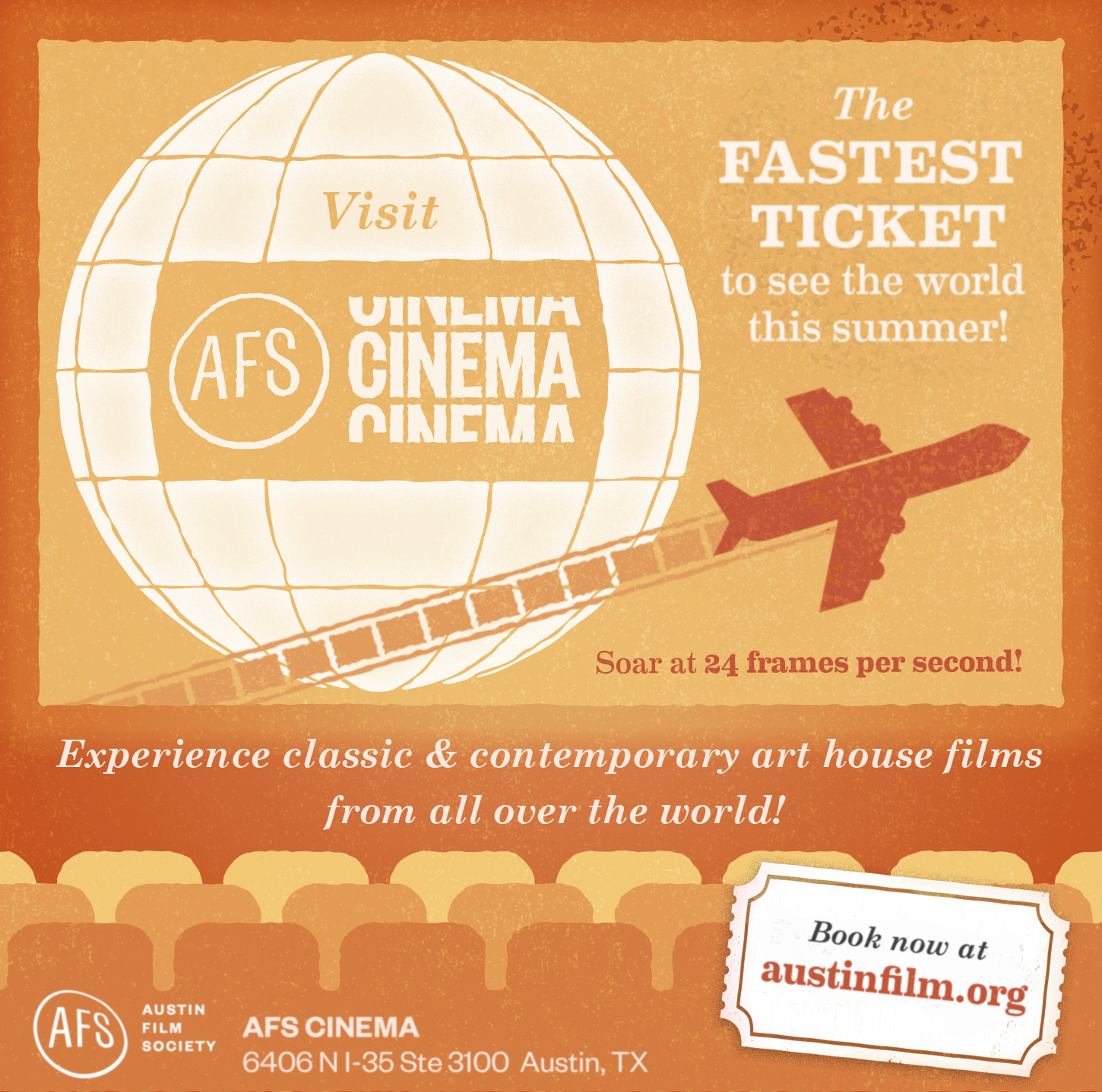 This summer travel-themed ad for the AFS Cinema was produced based on an existing Saul Bass-inspired theme by Jennymarie Jemison / Arts & Labor . I developed some new elements and matched them with the vintage textures.