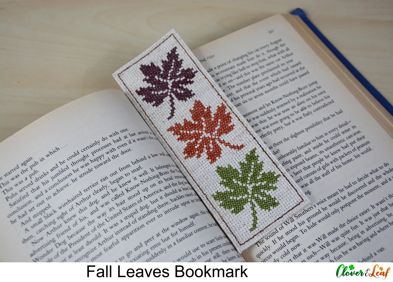 Fall Leaves Bookmark in Book Close Up.jpg