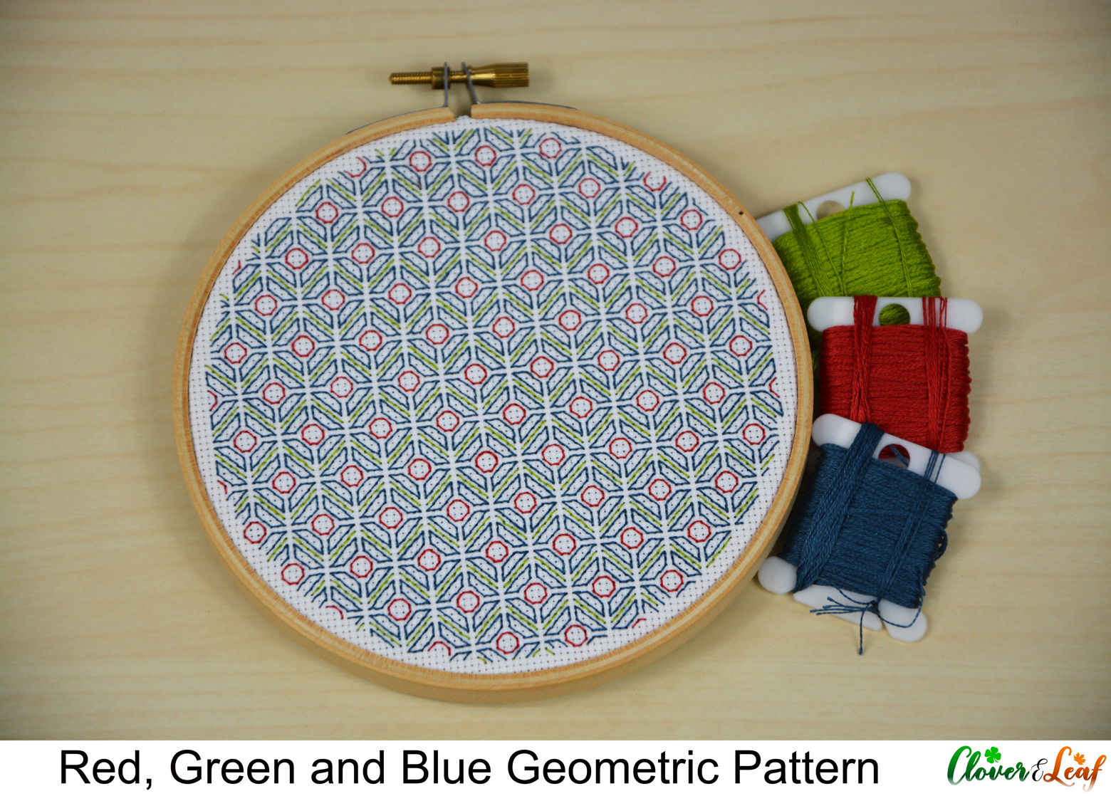 Red, Green and Blue Geometric Pattern Back Stitch Hoop