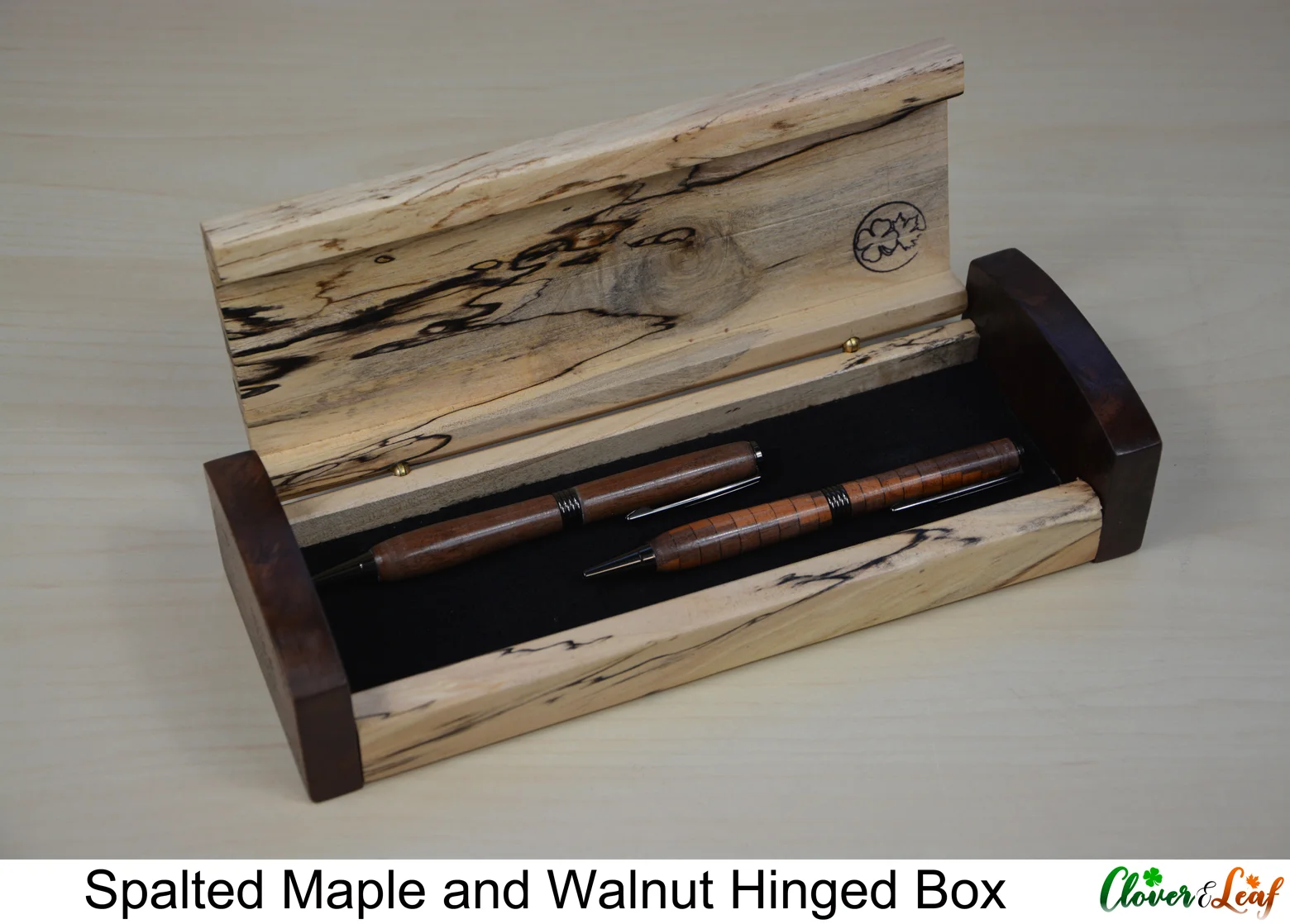 Spalted Maple and Walnut Curved Hinged Box With Pens.jpg