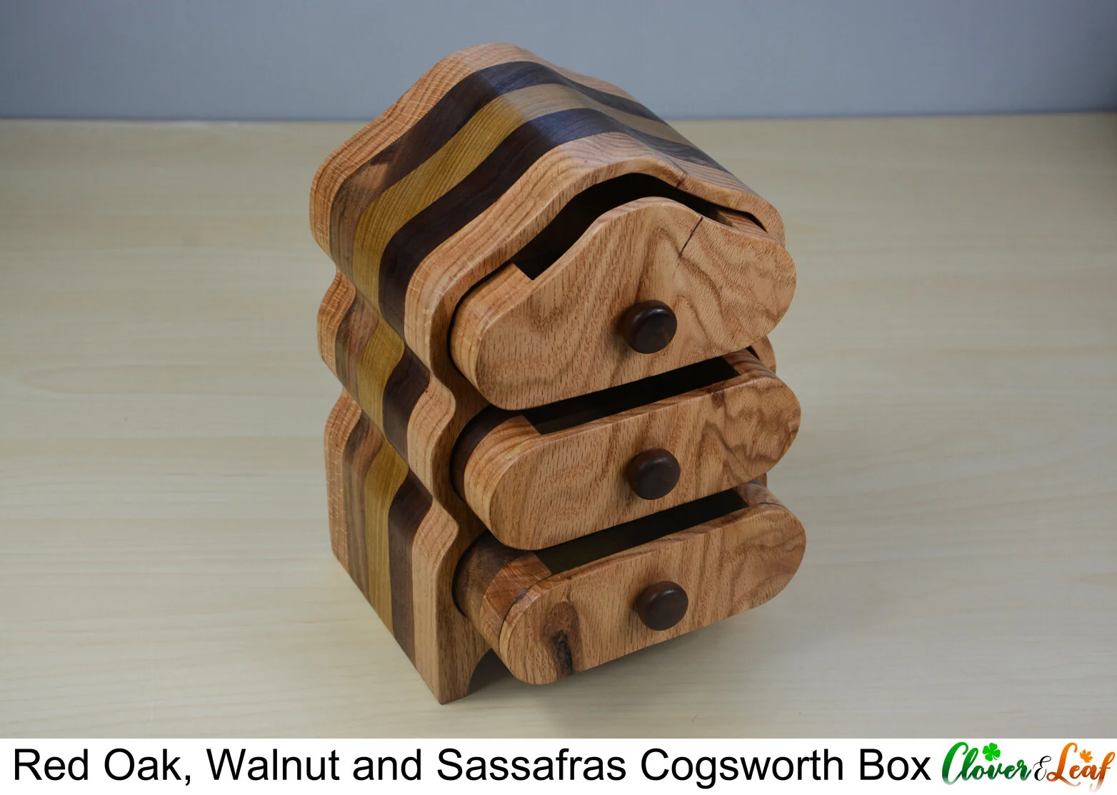 Red Oak, Walnut and Sassafras Cogsworth Box Diagonail With Drawers Open.jpg