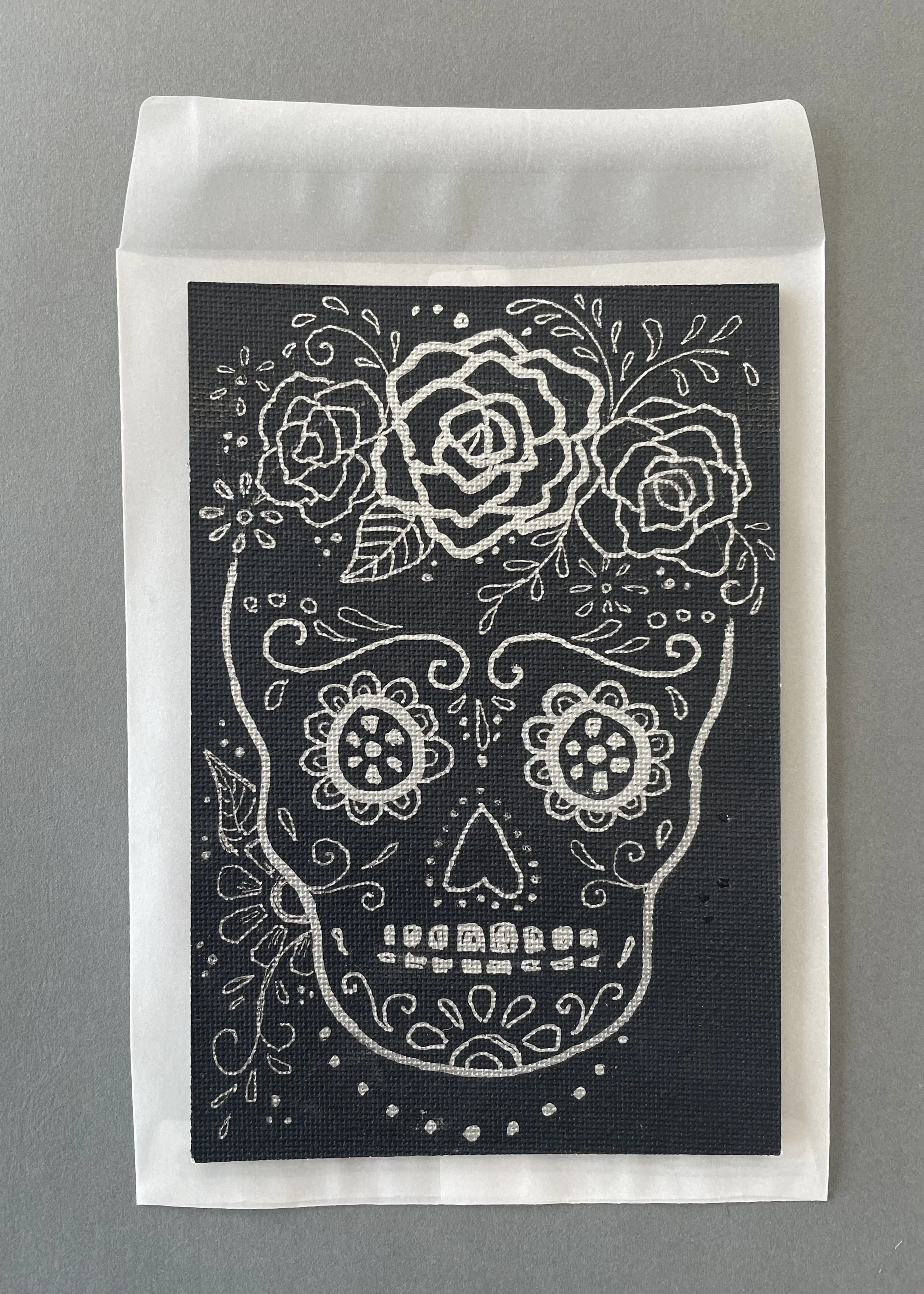 Sugar Skull Postcard, Silver on black 2023c