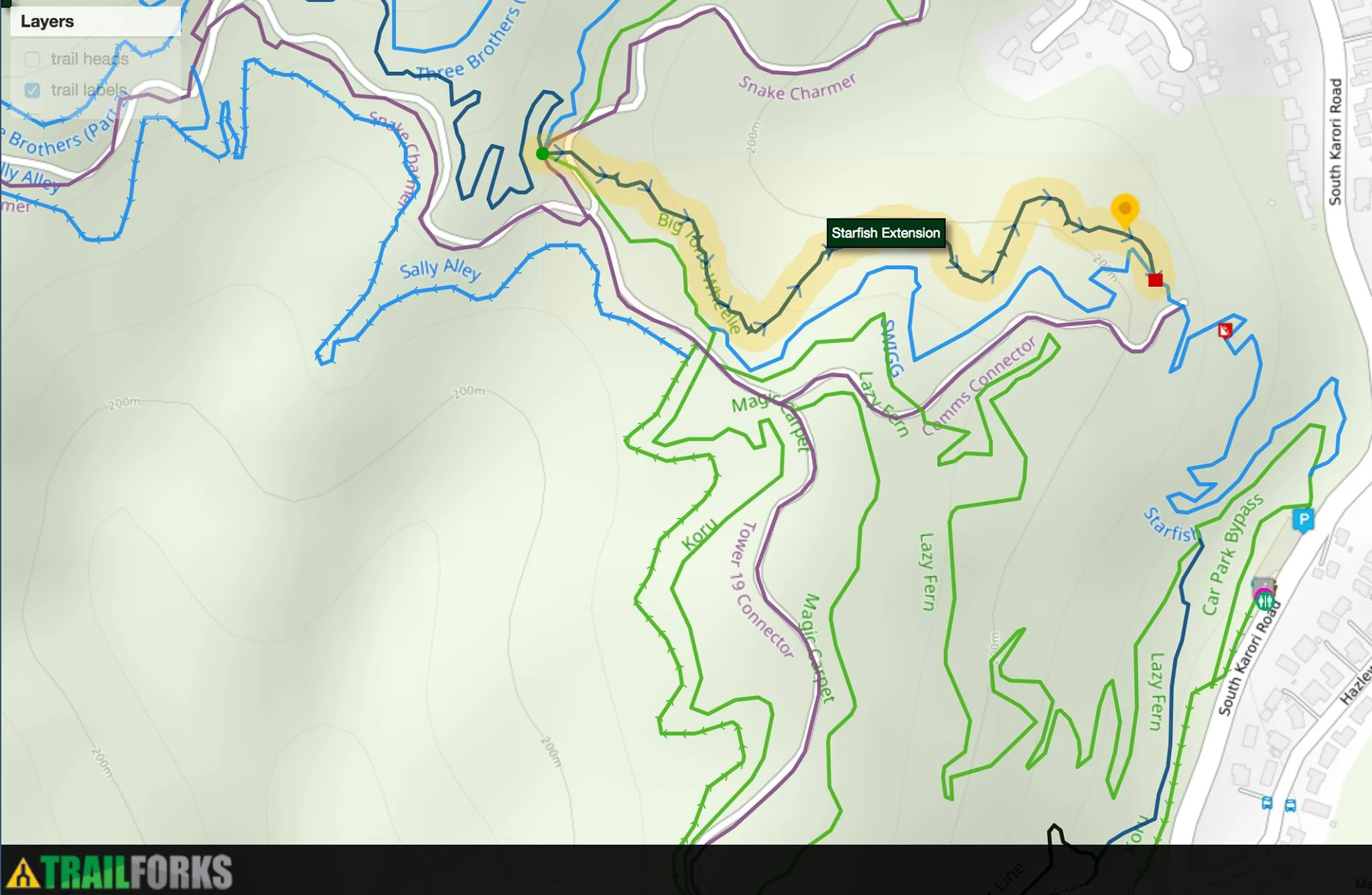 Map showing roughly where the new Starfish will run from the end of Ridgeline Extension through to near the transmitter at the end of SWIGG/start of Starfish