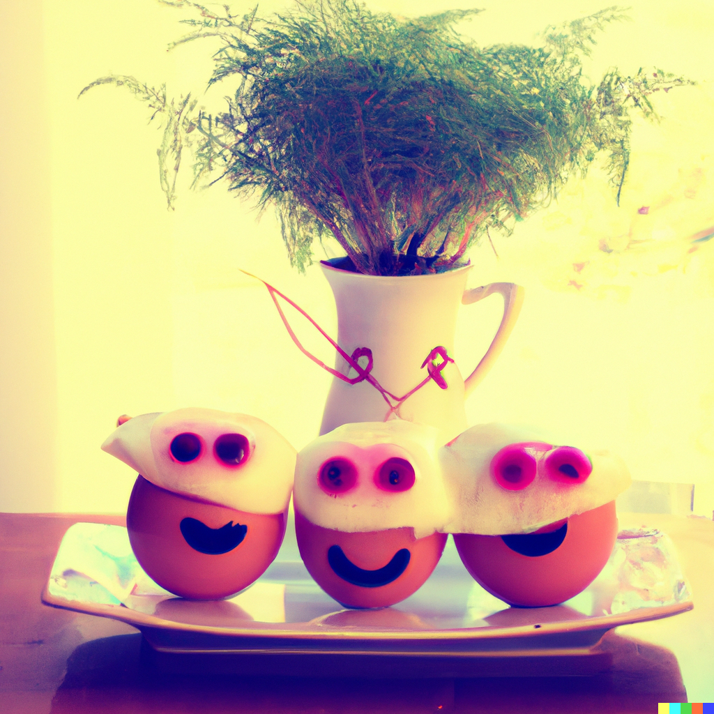 DALL·E 2022-12-23 22.58.52 - vintage photograph of ridiculous brunch with happy eggs with nice lighting.png