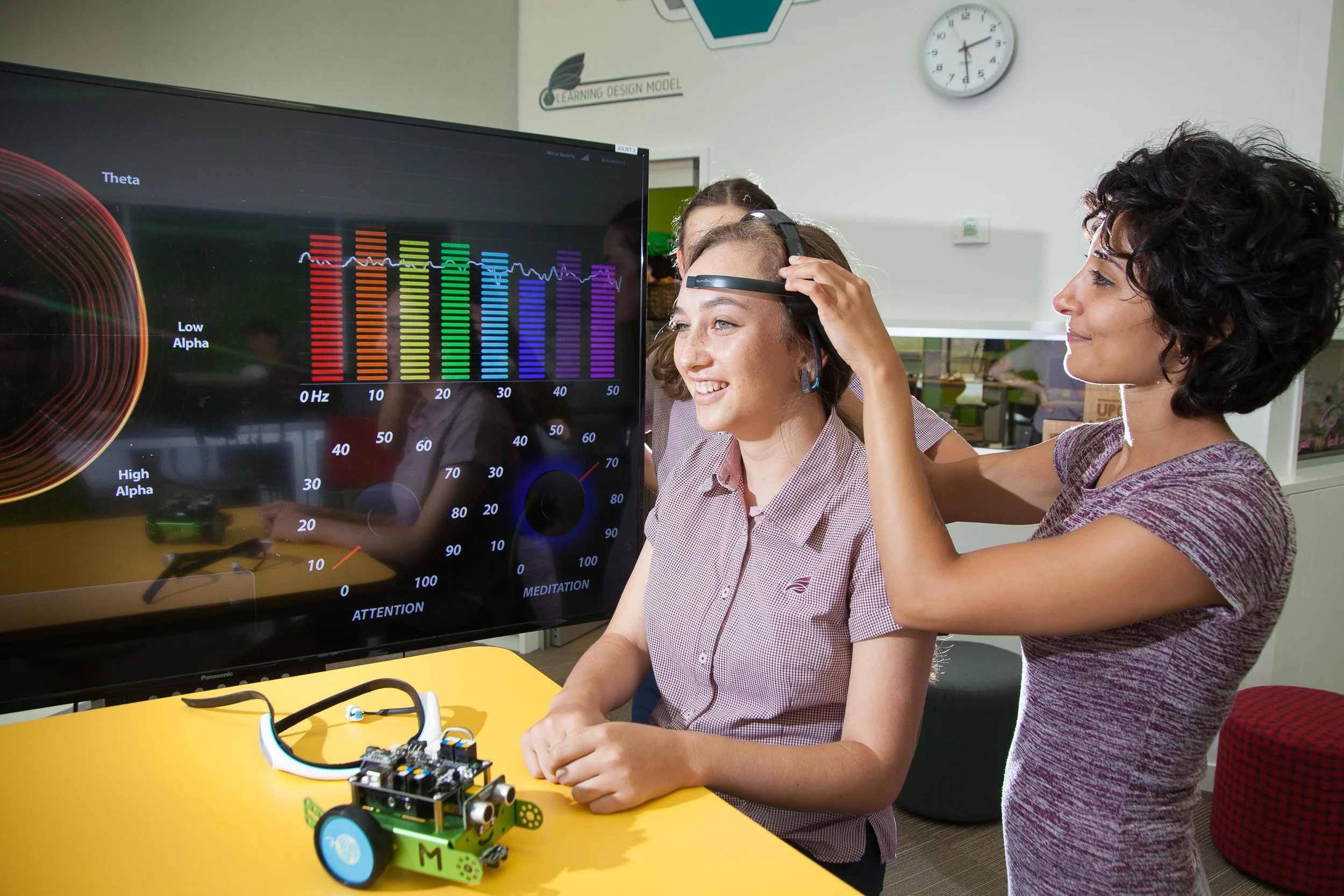 Sarv putting on a brain sensing headset on a student