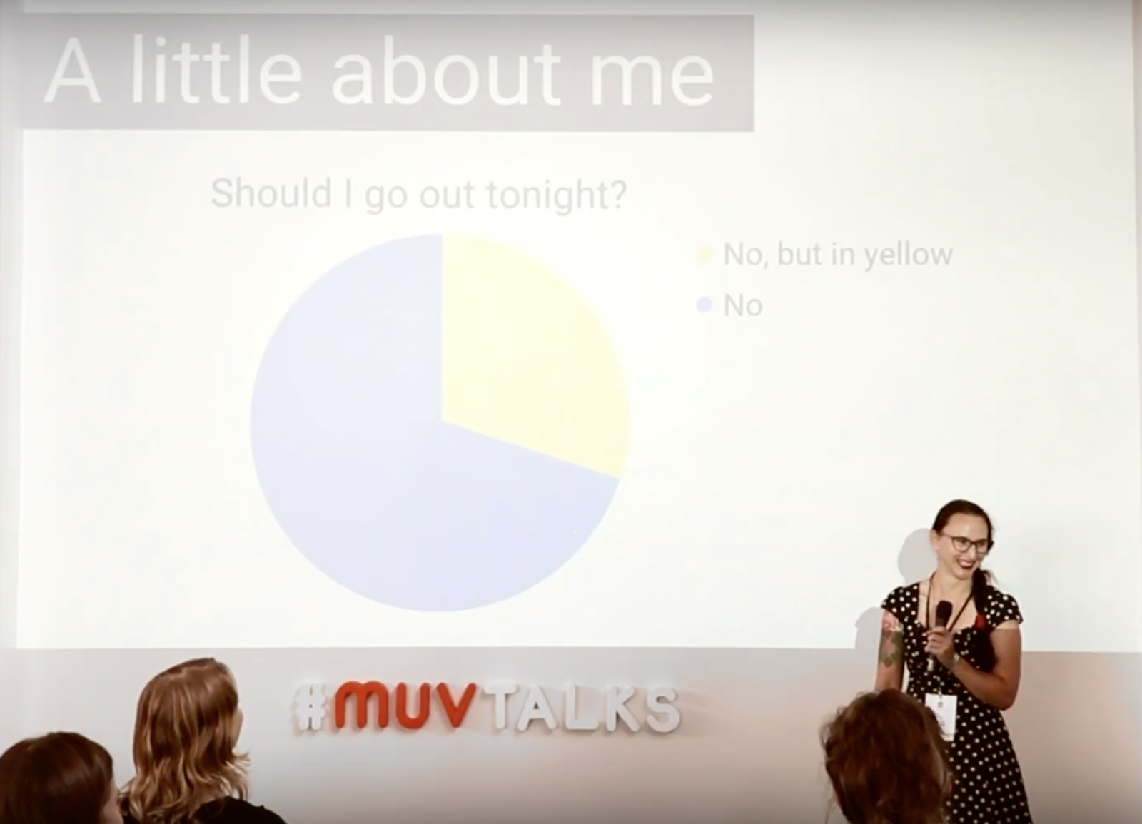 Tanya giving a presentation at the MUV talks. Pie chart answers the questions "Should I go out tonight?" and the answers are: "No" and "No, but in yellow"