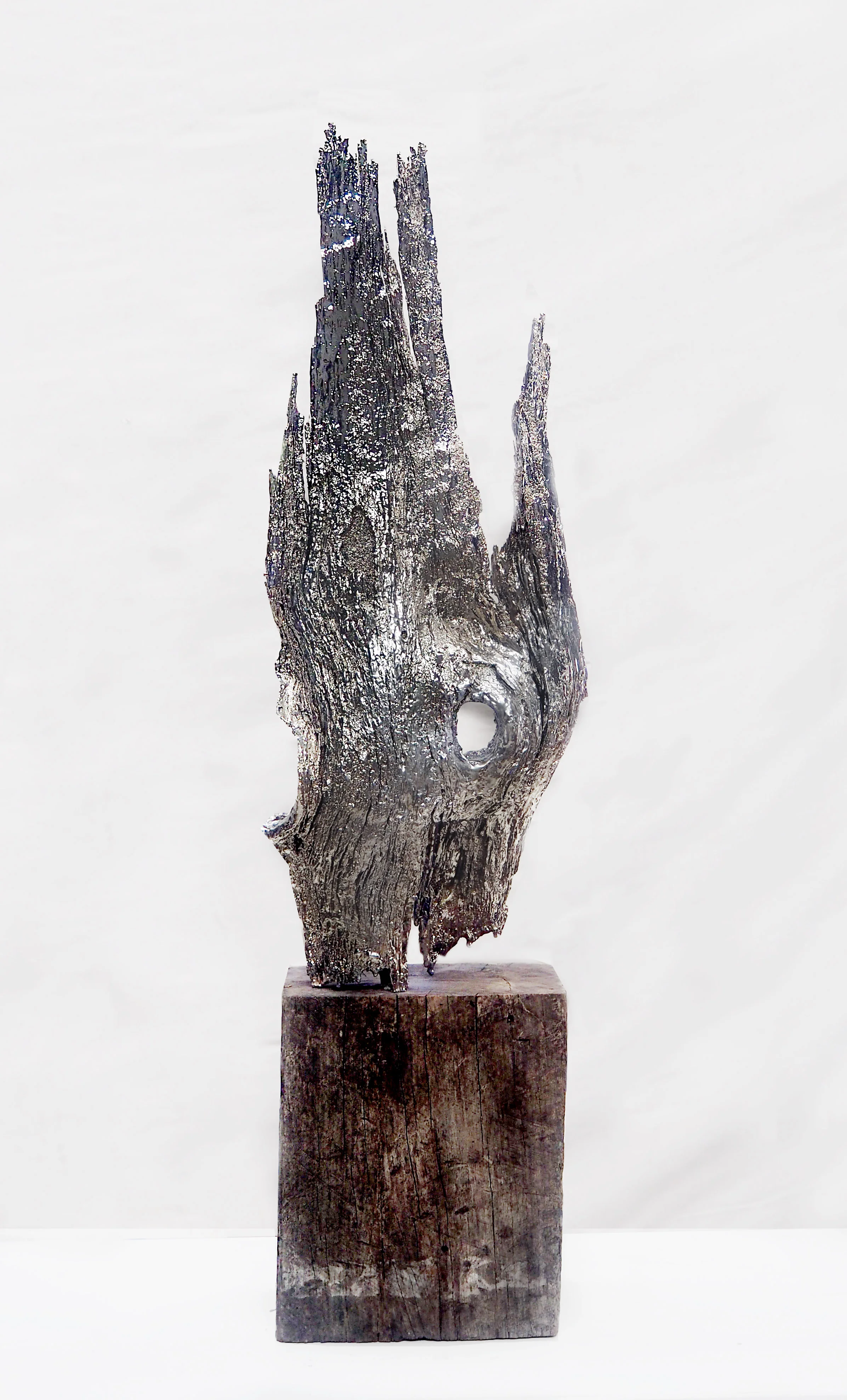 Large Standing Relic Nickel Electroplated Reclaimed Wood, Pigment on Wood Base 18cm x 39cm