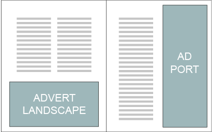 Two-page layout with a landscape advertisement at the bottom left of the left page and a vertical advertisement on the right page.