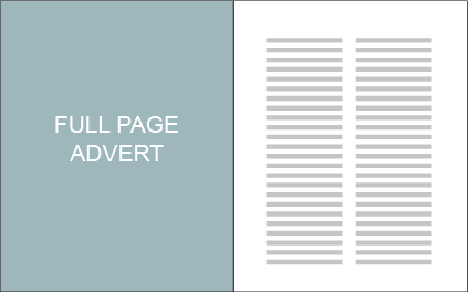 A two-page spread of a magazine or brochure, with the left page titled 'FULL PAGE ADVERT' and the right page containing columns of text.