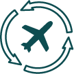 Icon of an airplane inside a circular arrow, representing travel or flight