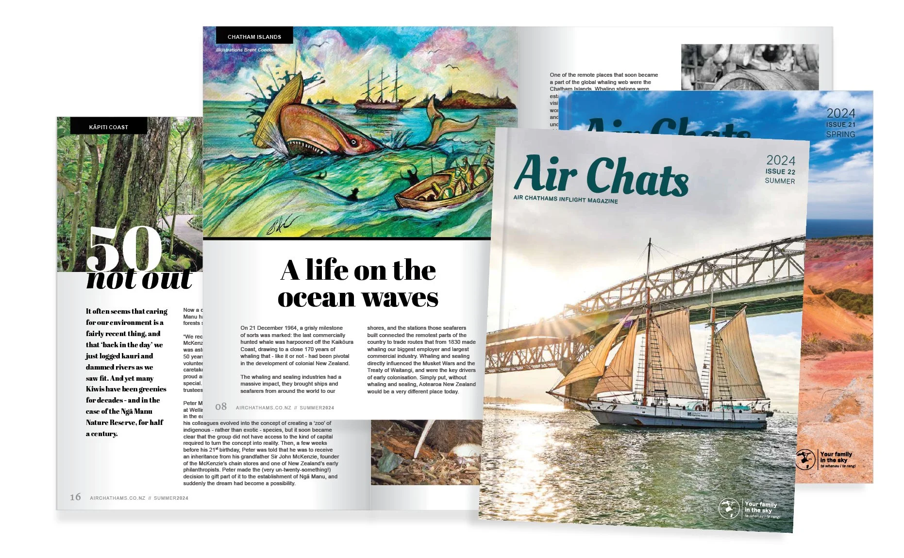 A collage of magazine pages from Air Chats magazine, featuring covers, articles, and images of ships, landscapes, and wildlife, including a sailing ship, a whale illustration, and scenic coastal views.