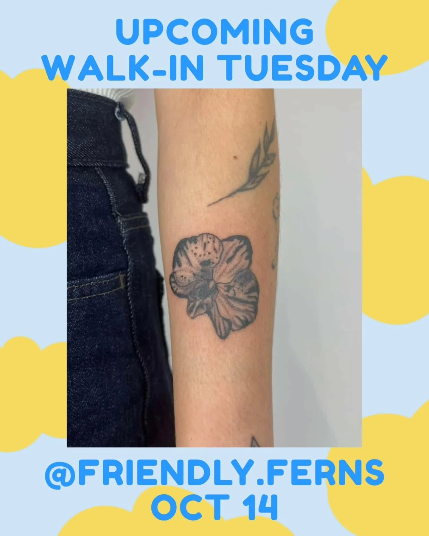 Next up for Walk-in Tuesday: @friendly.ferns - Oct 14! 
.
👉 we host walk-ins every Tuesday with a different artist each week. 
.
.
#tattoo #vancouvertattoo #vancouvertattooartist #vancouvertattooartist #yvr #tattooflash