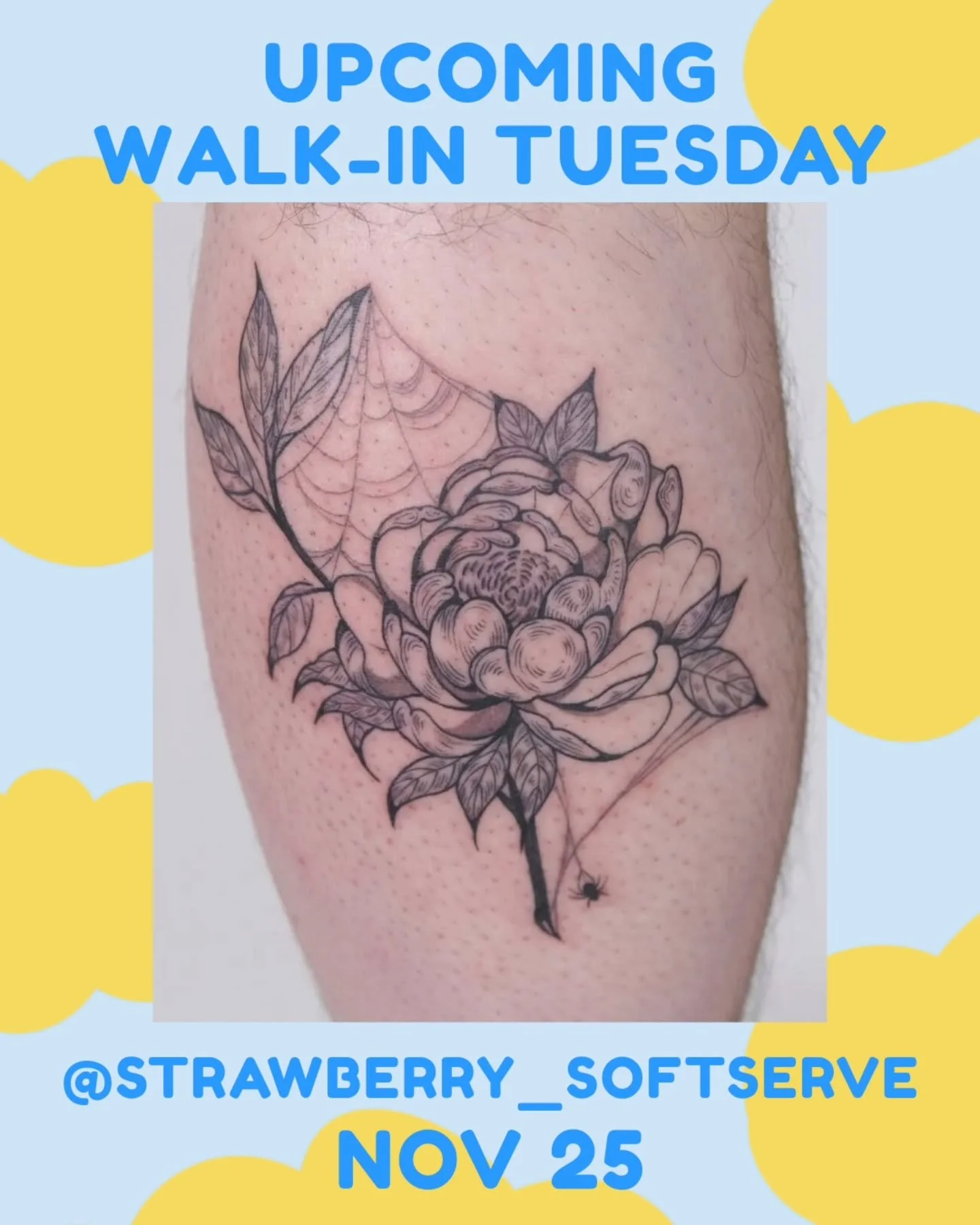Next up for Walk-in Tuesday: @strawberry_softserve Nov 25! 
.
There will be no walk-in next Tuesday, Dec 2. Next one will be Dec 9. 
.
.
#tattoo #vancouvertattoo #vancouverart #vancouvertattooartist #tattooflash