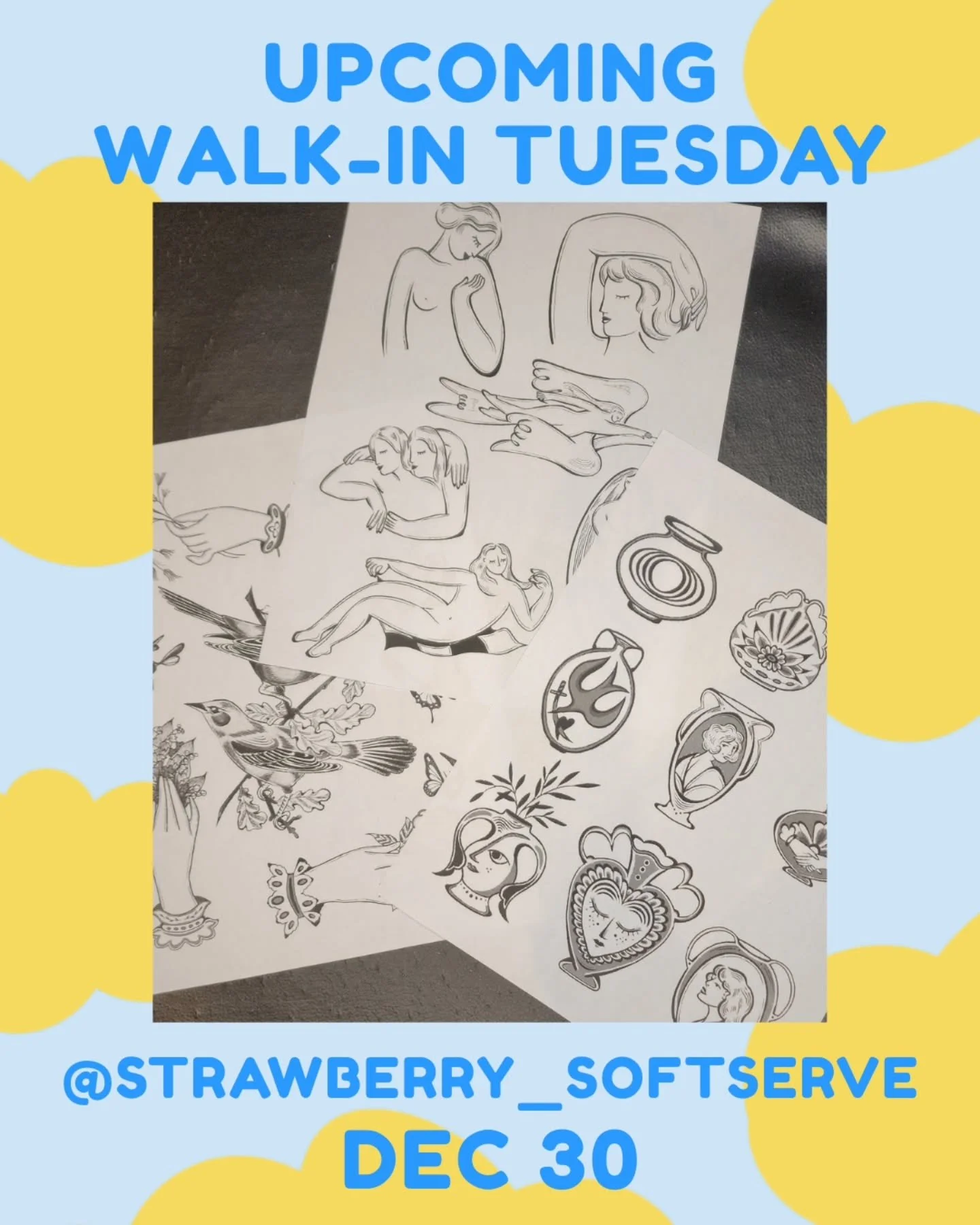 Last Walk-in Tuesday of the year: @strawberry_softserve Dec 30! Hope you can make it! 
.
.
#tattoo #vancouvertattoo #vancouverart #yvr #vancouvertattooartist #tattooflash