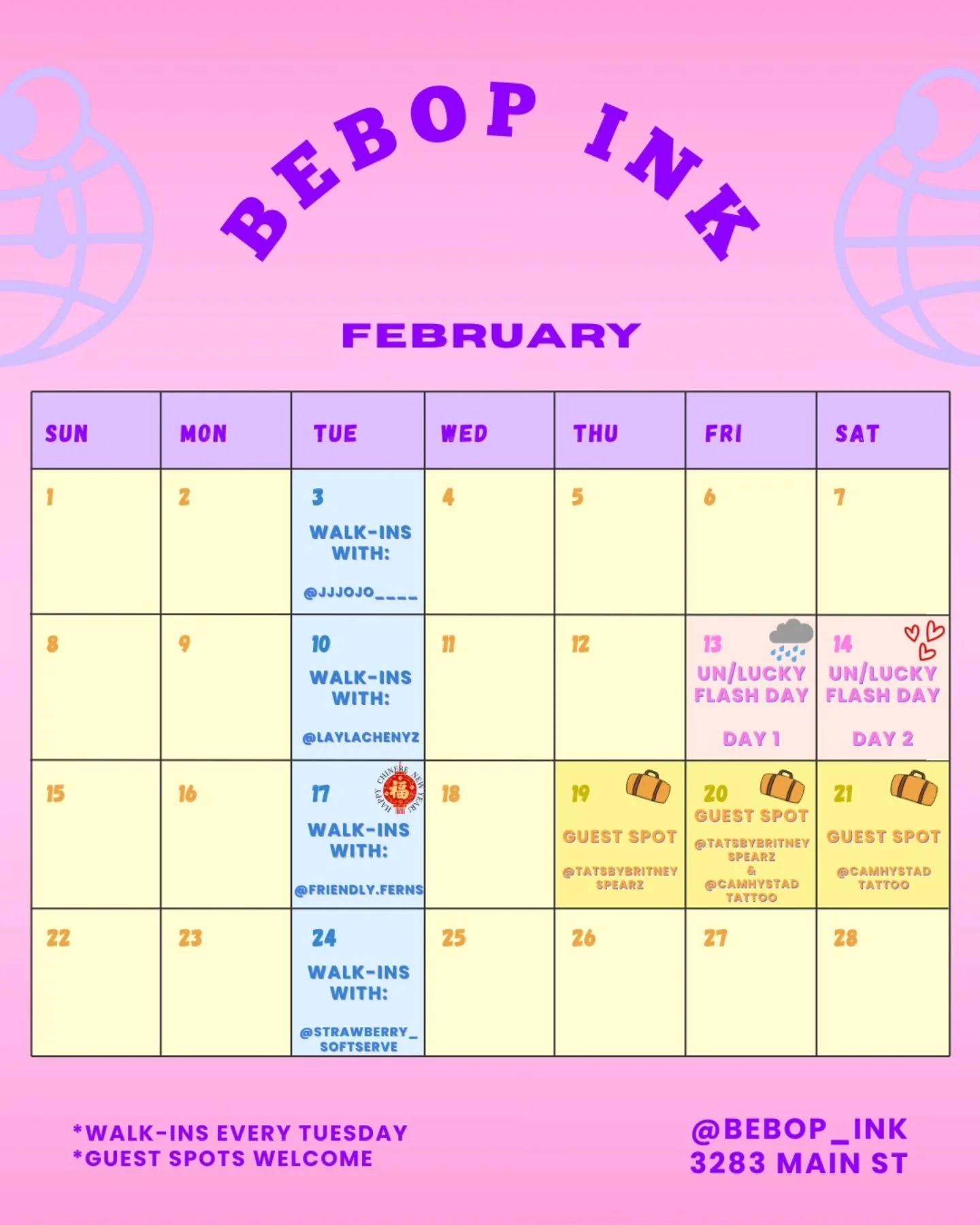 📌 Bebop February Calendar 
Feb 3:  Walk-ins with @jjjojo____ 
Feb 10: Walk-ins with @laylachenyz 
Feb 13 - 14: Un/Lucky Flash Days (2 days)
Feb 17: Walk-ins with @friendly.ferns 
Feb 19 - 20: Guest spot with @tatsbybritneyspearz 
Feb 20 - 21: Guest 