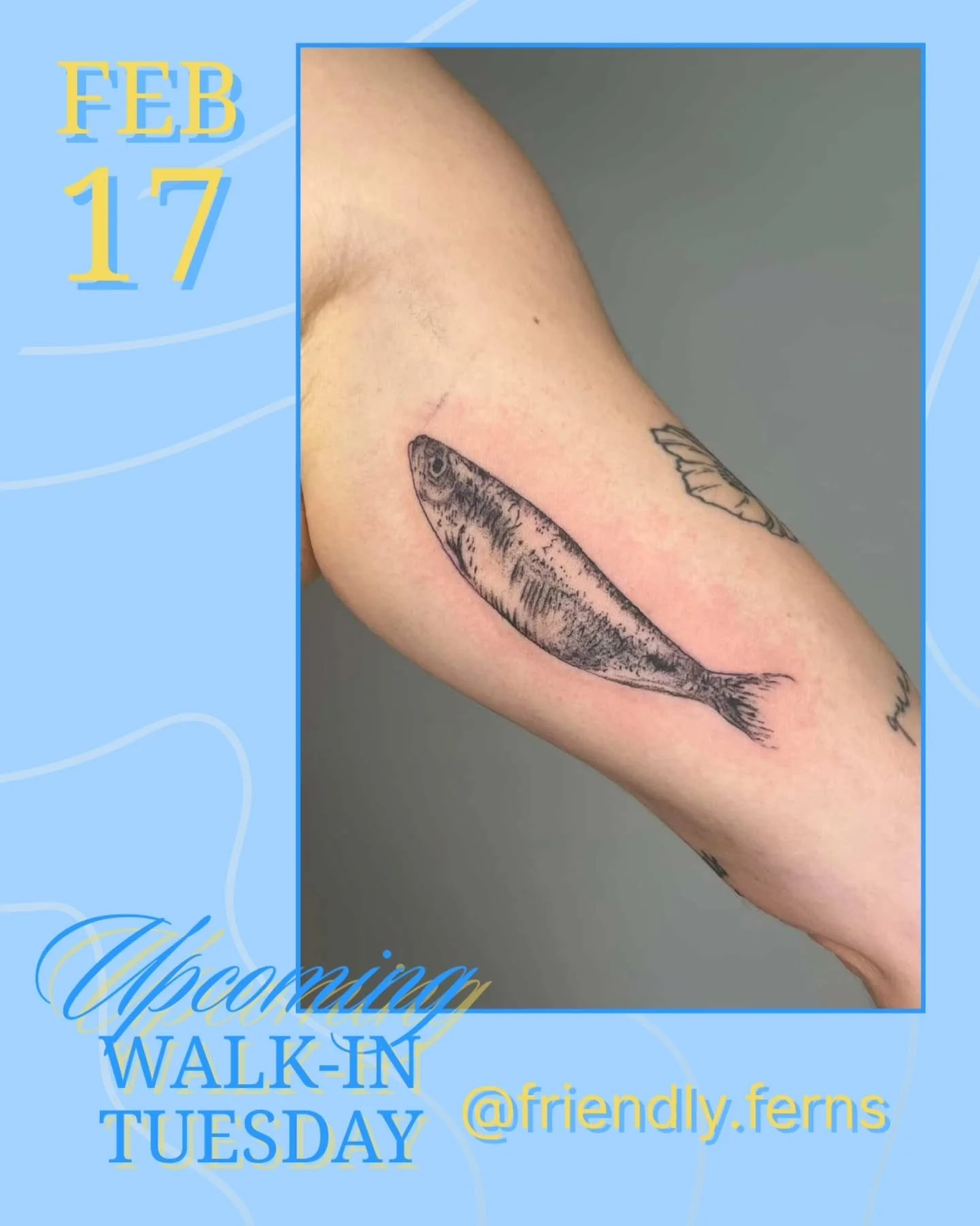 Next up for Walk-in Tuesday: @friendly.ferns Feb 17 with a new simple flash sheet on next slide! 
All individually $100, 2 for $150, 3 for $175! 
.
👉we host walk-ins every Tuesday with a different artist each week! 
3283 Main St, Vancouver 
.
#tatto